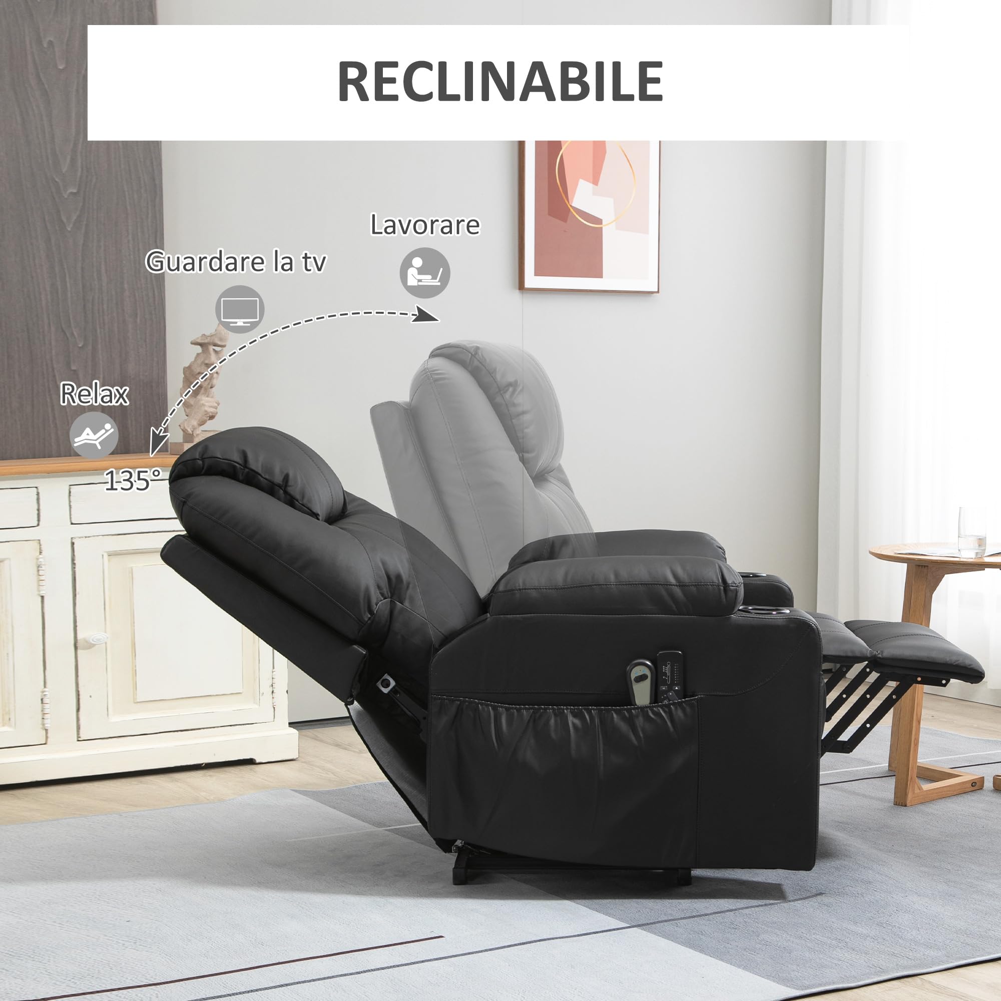 HOMCOM Poltrona Elettrica Alzapersona Reclinabile 135°, Poltrona Relax Elettrica in PU con 8 Punti Massaggianti, 2 Portabicchieri, Tasche Laterali, Telecomando e Poggiapiedi, Nero