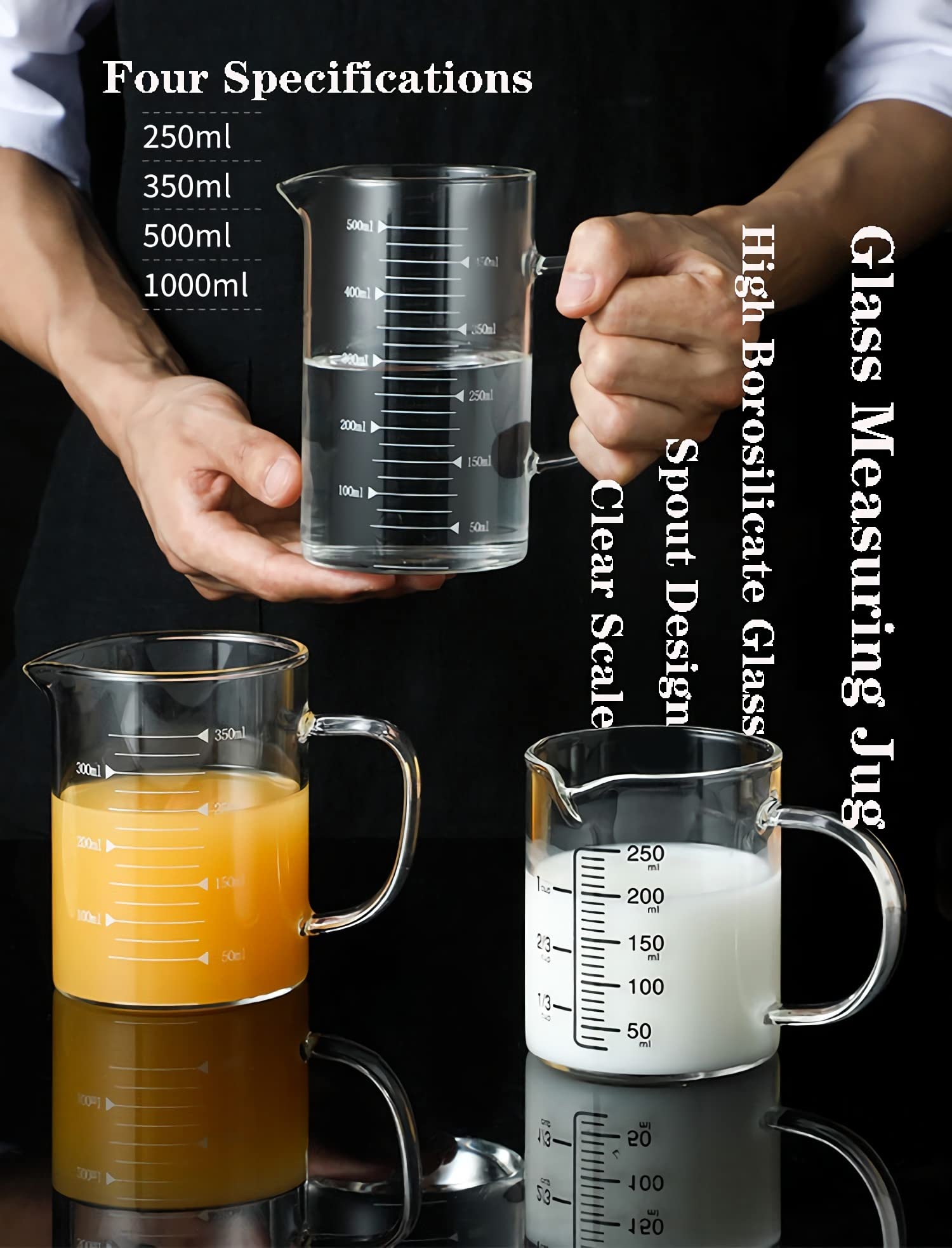 Bicchiere in vetro con manico, caraffa graduata con beccuccio, bicchiere graduato, contenitore per liquidi, bicchieri riutilizzabili per la cucina di casa, caffè, bevande, birra, bicchieri trasparen