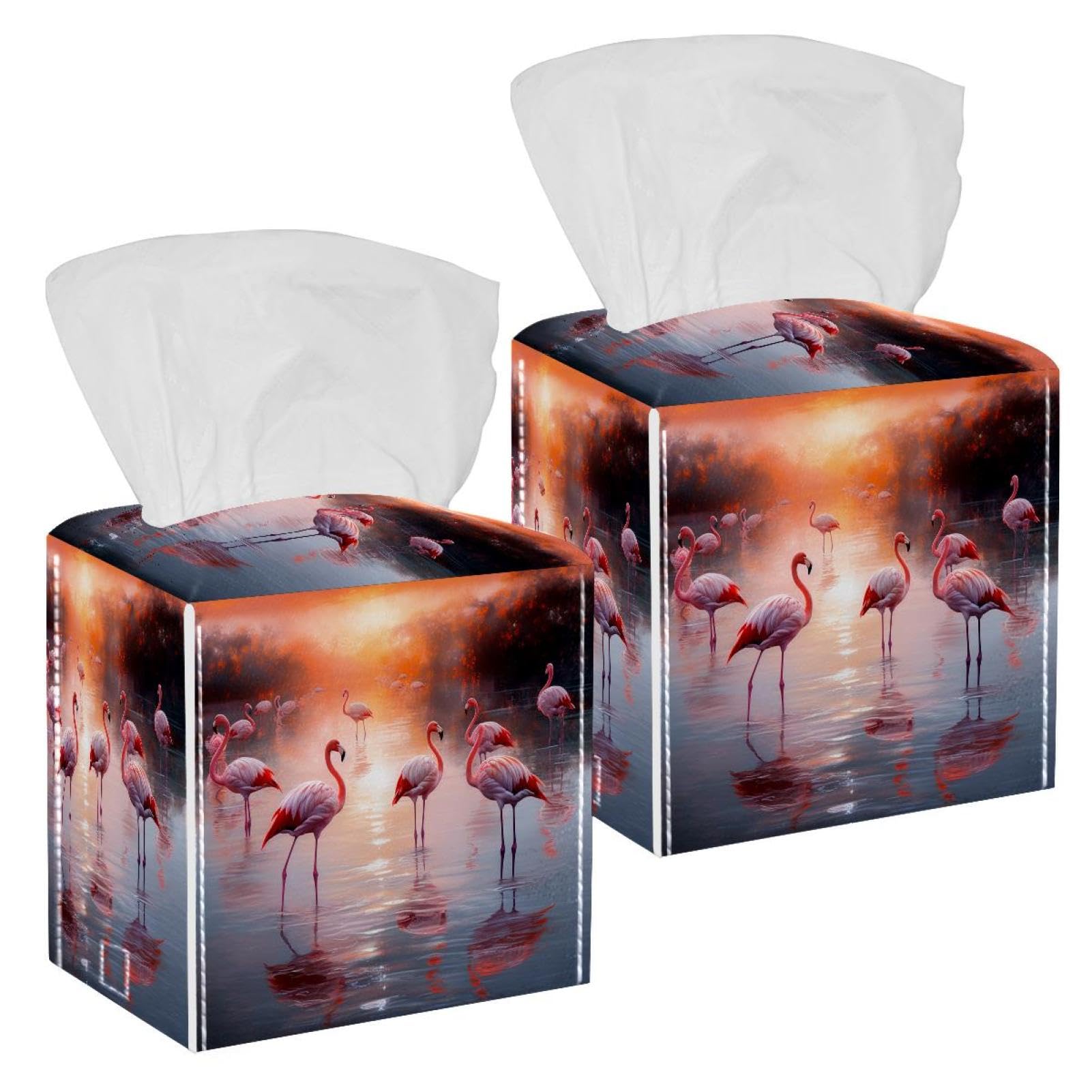 Flamingo Sunset Tissue Box Cover, 2 Pack PU Leather Square Facial Tissue Dispenser Box holder for Home Office Car
