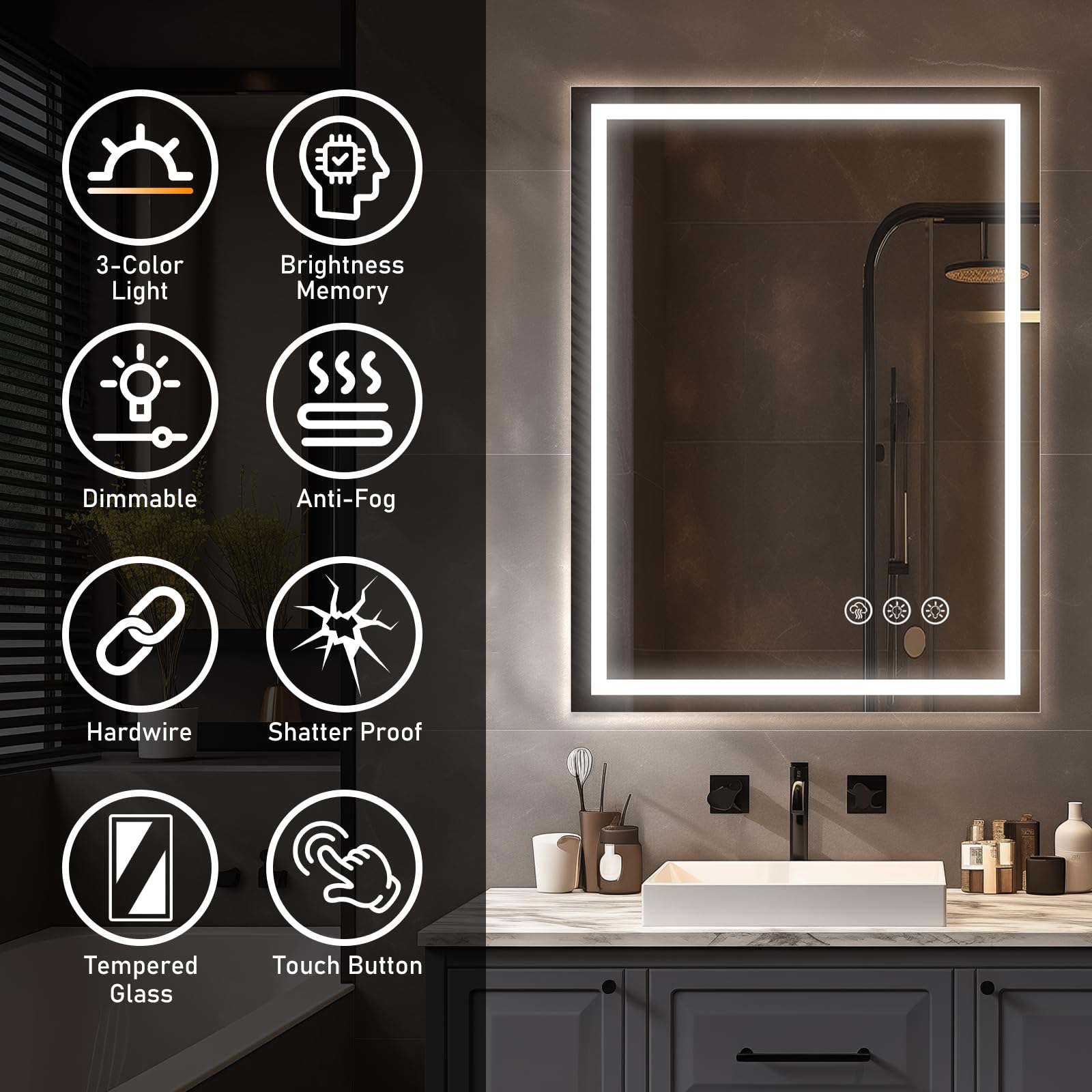 Badspiegel mit Beleuchtung LED, 60x80cm Spiegel mit Light, Wandspiegel mit Frontbeleuchtung, Antibeschlagfunktion, Dimmbar, mit 3 Einstellbaren Lichtfarben