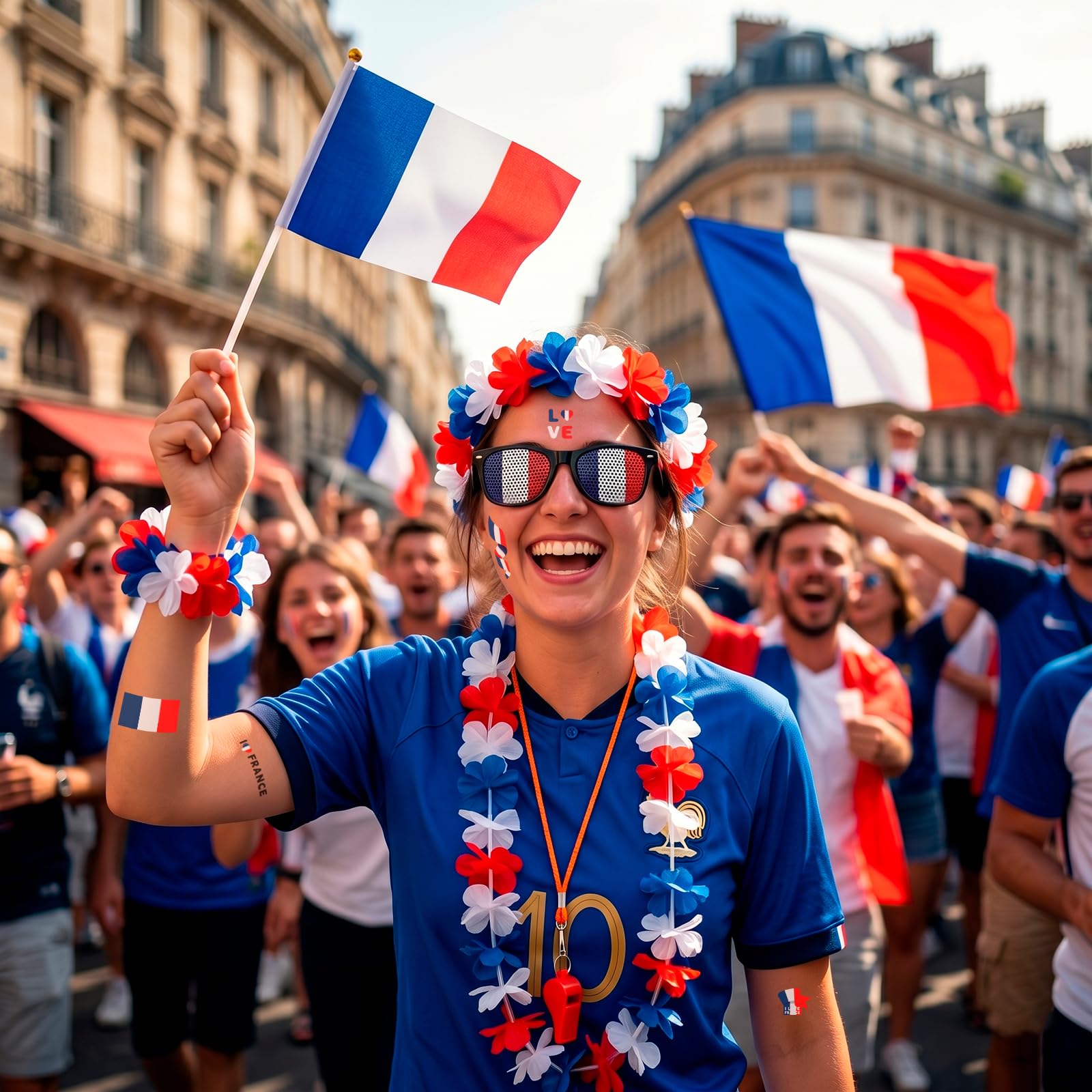 Kit Supporter France pour ﻿Grand Événement Football 2026 - Accessoires Bleu Blanc Rouge avec Lunettes Drapeau, Sifflet, 2 Drapeaux, 4 Stickers et Lei Set - Pack Supporter Equipe de France