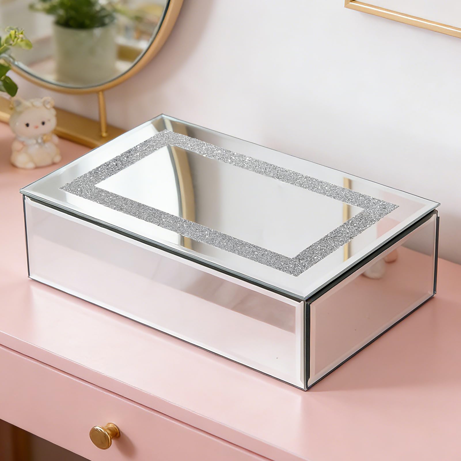 Luxury Mirrored Jewelry Box with Crushed Diamond - Glass Jewelry Box Organizer Storage Ring Holder Case for Women