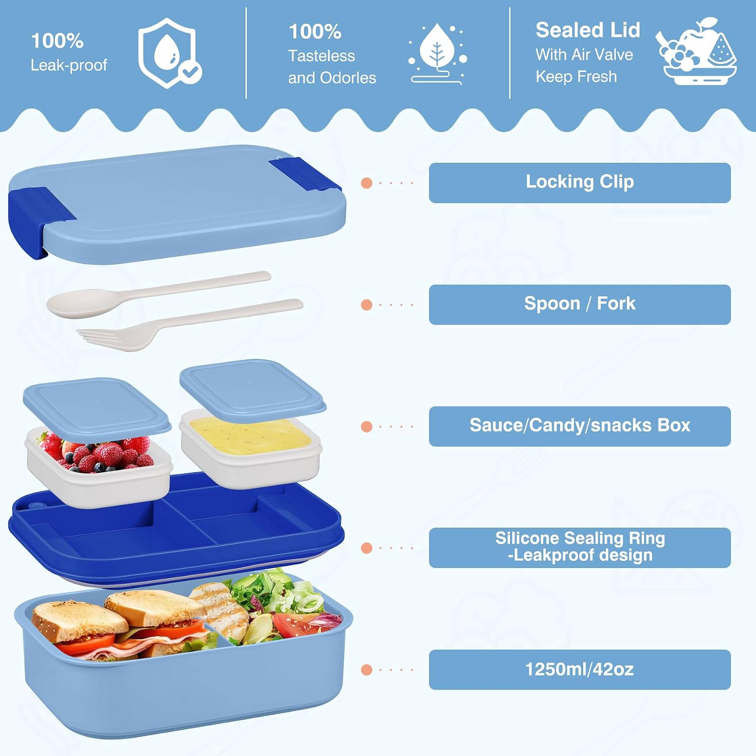 Bento Lunch Box Set with 10.5oz Soup Thermo Food Jar for Adults Kids, Stainless Steel Leak-proof Lunch Container with 4 Compartment, Coffee Tumbler with Lunch Bag for School Travel Office-Blue image 2