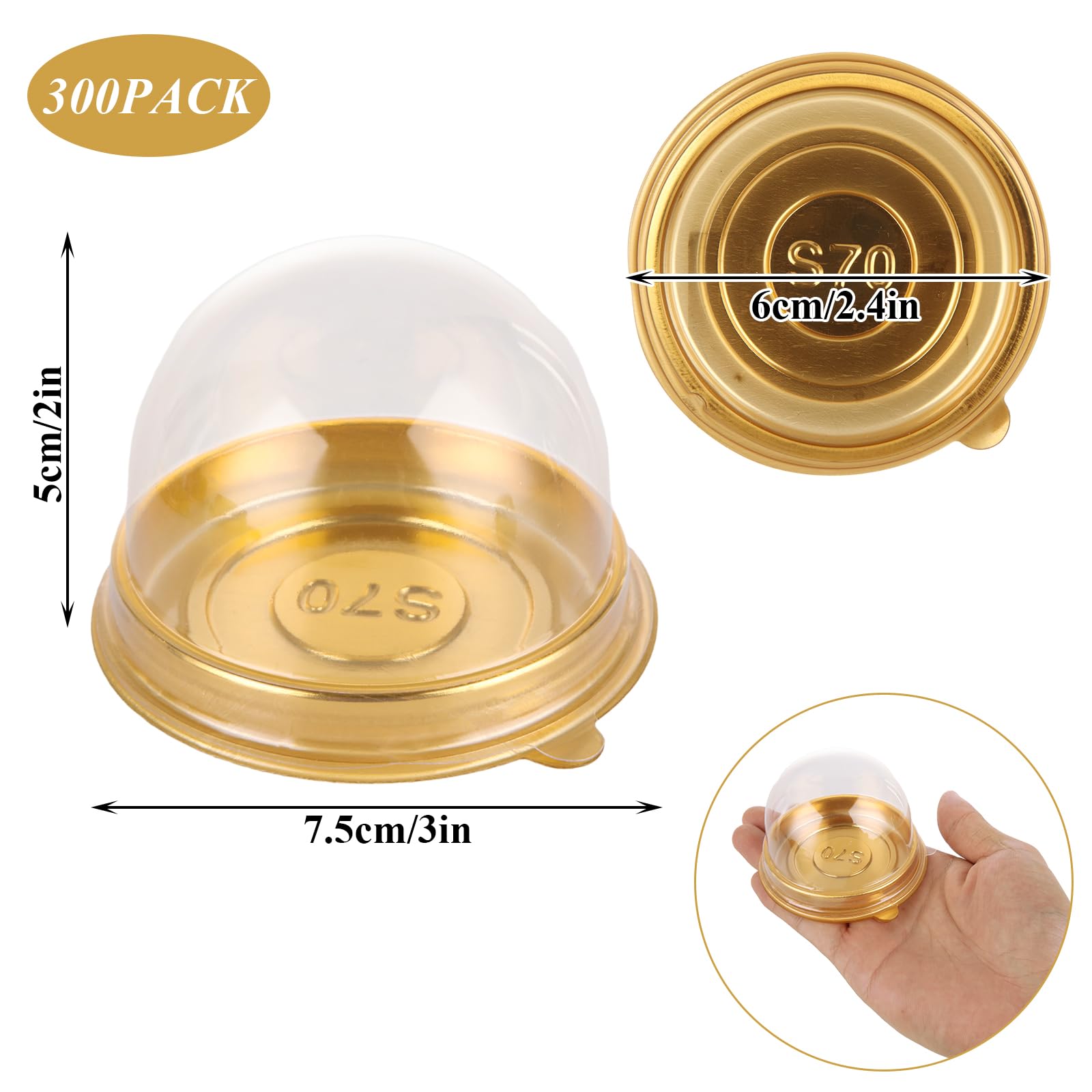 RHBLME Gold Mini Dessert Containers, 300 Pack Clear Plastic Mini Cake Boxes with Dome Lids, 3