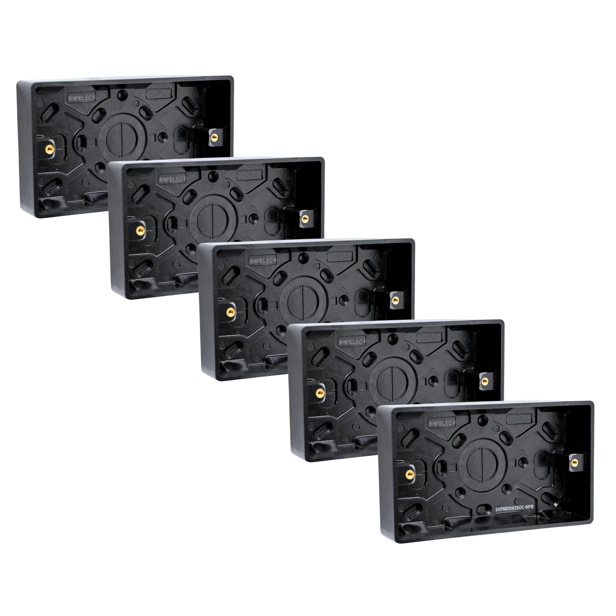 SHPELEC® Matt Black Screwless Sockets & Switches – Ultra Slim 4mm Thin Plate Steel – Modern Screwless Faceplate – Premium Black Wiring Accessories Range (2 Gang 25mm Pattress Box, 5 PACK)