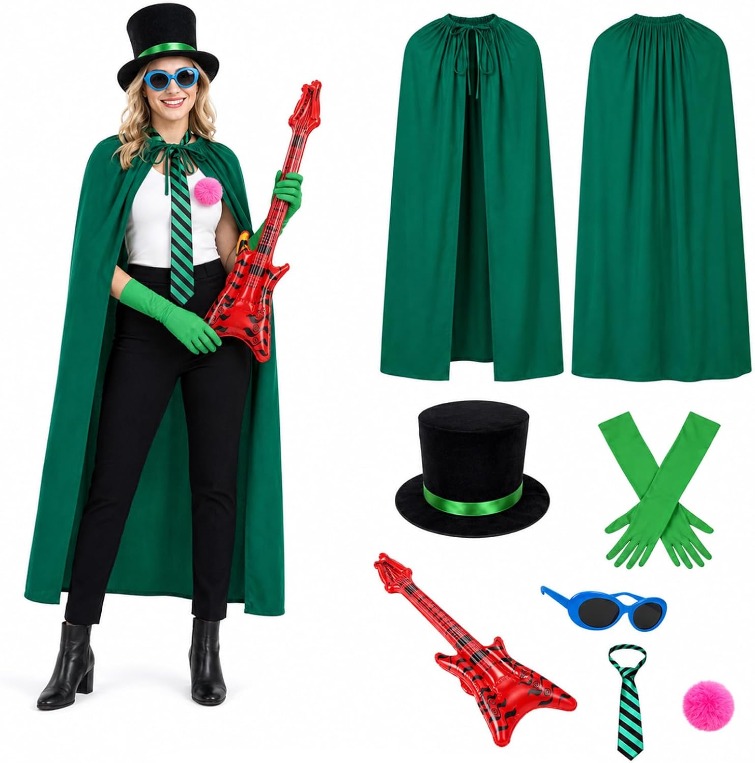Halloween Green Costume Accessories Set 7PCS Adult Tie Glasses Gloves Cape Top Hat Guitar Balloon Brooch Cosplay Outfit