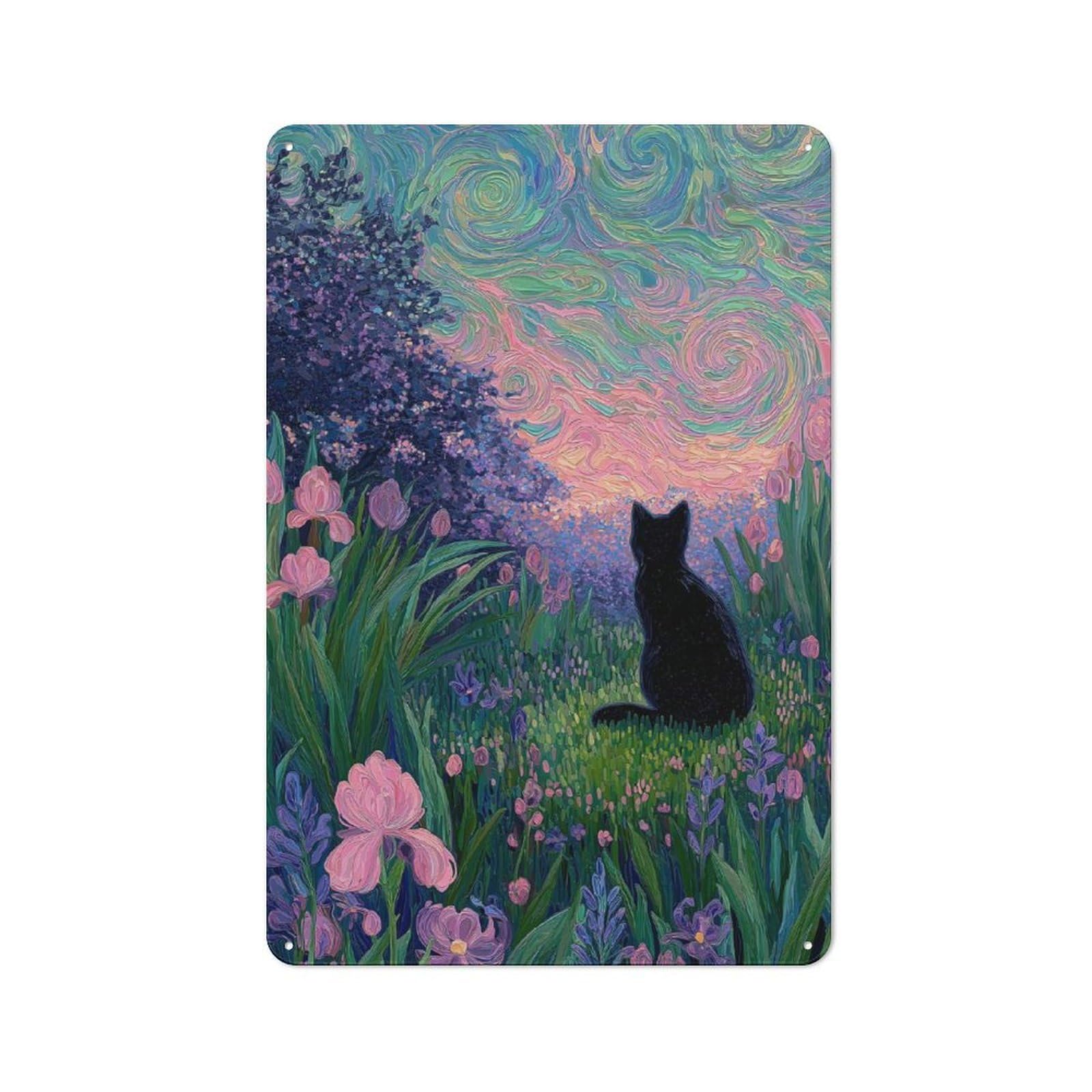 Junmoney Style-4 Retro Black Cat In Floral Meadow Painting Metal Sign 30X20cm, Classic Pub Decor For Cafe, Pub, Workshop Or Home Bar, For Casual British Interiors
