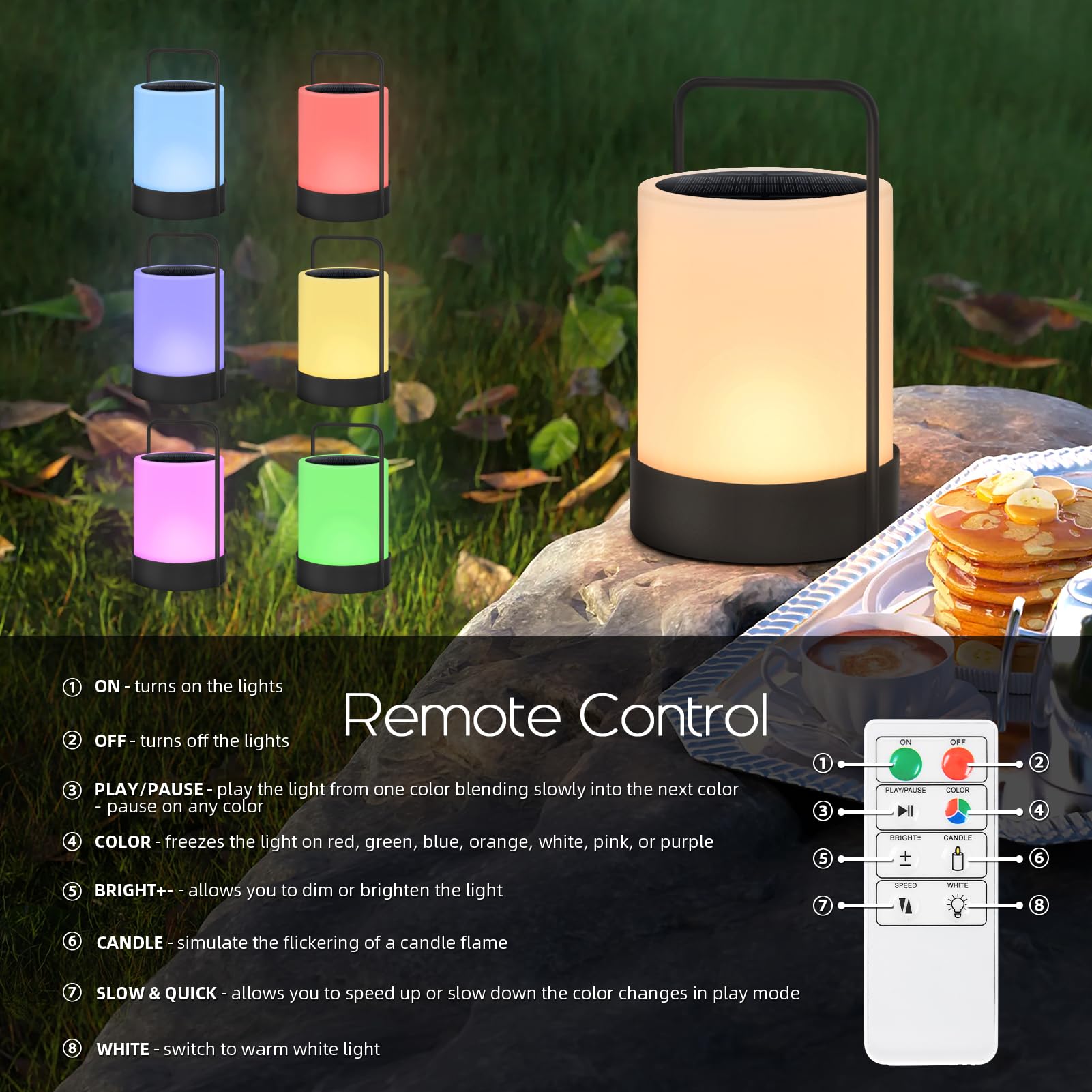 Solarlampen für außen Solar Akku Outdoor Lampe, IP44 Wasserdicht | 8-10h Akku | 7 RGB + Weiß Metallgerüst Tragbare USB-C für Garten Terrasse BBQ