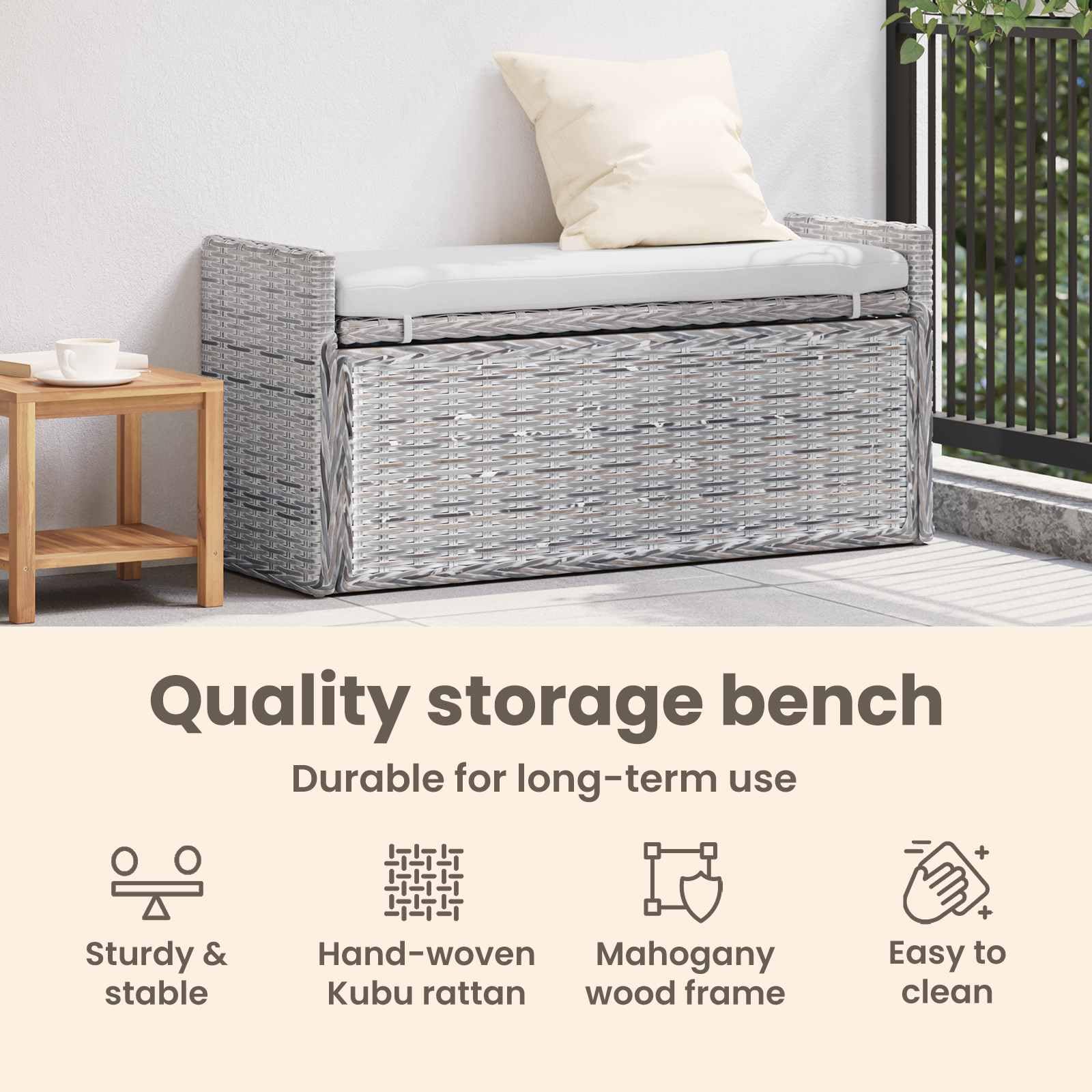 vidaXL Panchina con Contenitore Bianco Lavato 110 x 40 x 50 cm Rattan, Panca portaoggetti per Salotto, Sgabello Rettangolare Moderno, Compatto per Ingresso o corridoio