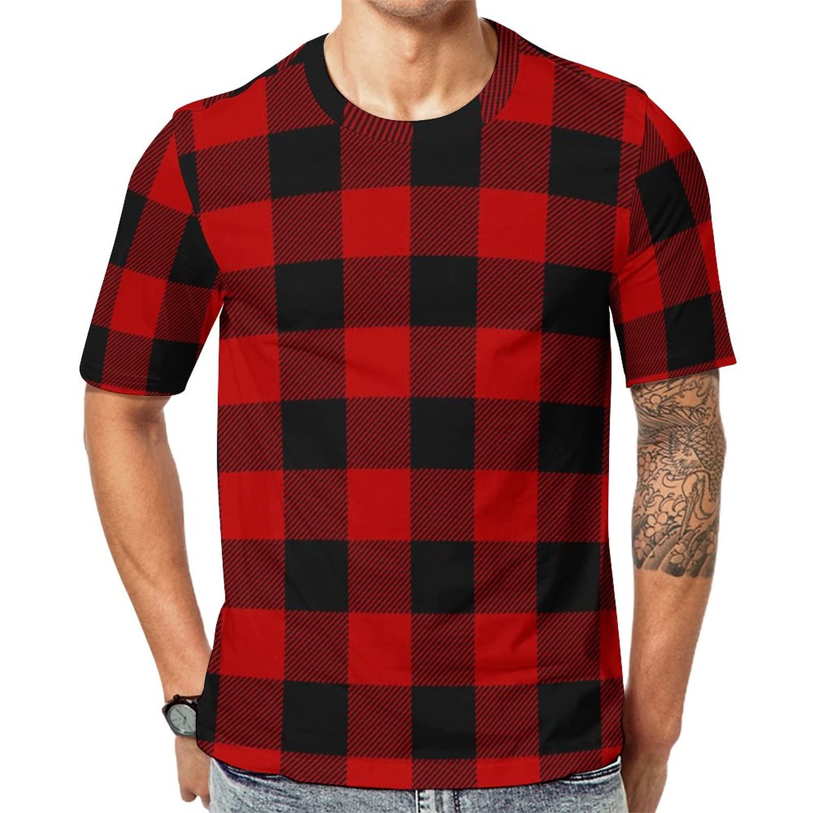 Lurnise Men's Multi1 ’S T Shirt Plaid Red And Black Squares Pattern Short Sleeves Tshirt Crew Neck T-Shirt For