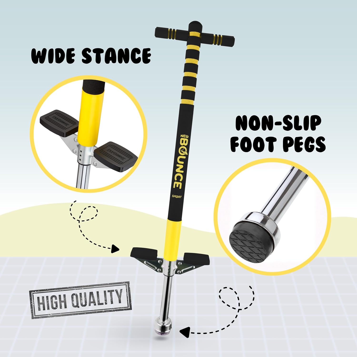 new bounce pogo stick for kids - pogo sticks, 40 to 80 lbs - sport edition, quality, easy grip, pogostick for hours of wholesome fun black & yellow