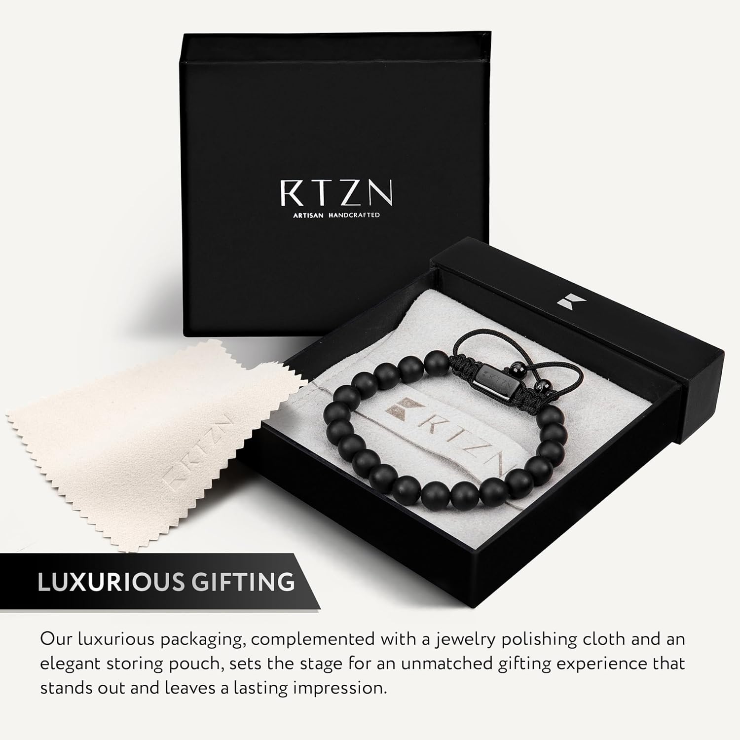 RTZN® Black Onyx Bracelet for Men – Premium Artisan Handcrafted Authentic Matte Black Beaded Bracelet for Men – 8MM Adjustable Mens Beaded Bracelets - Image 5