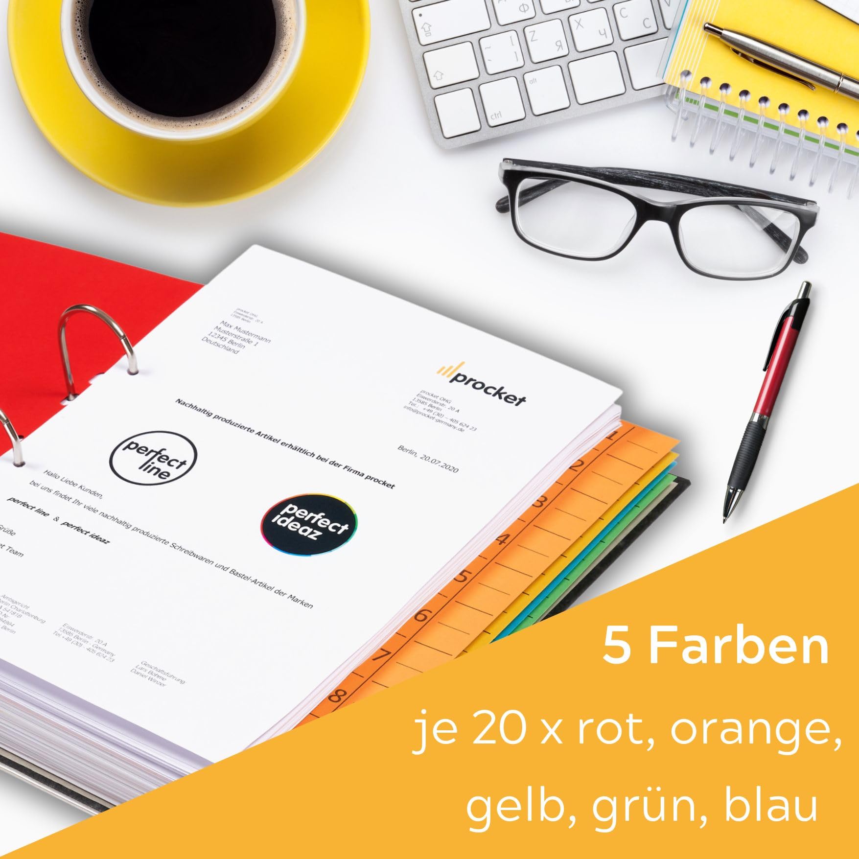 perfect line - 100 przekładek, 5 kolorów – stabilny papier z recyklingu, do segregatorów DIN A4 i segregatorów – certyfikat "Blauer Engel", Made in Germany