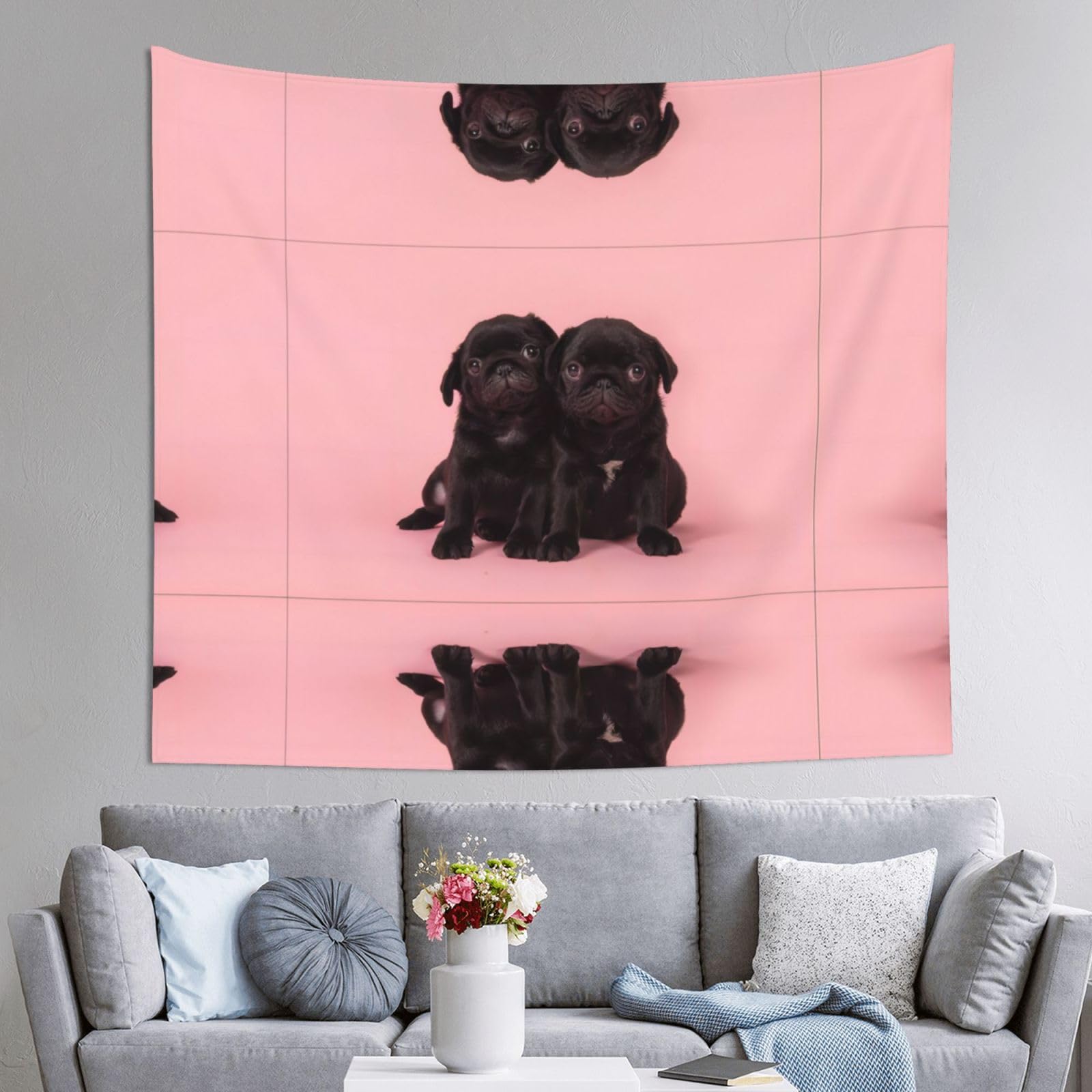 HLSBSSL 60x51in Cute Black Pug Printed Tapestry Tablecloth for Dormitory and Picnic Rooms - Multifunctional Fabric Hanging