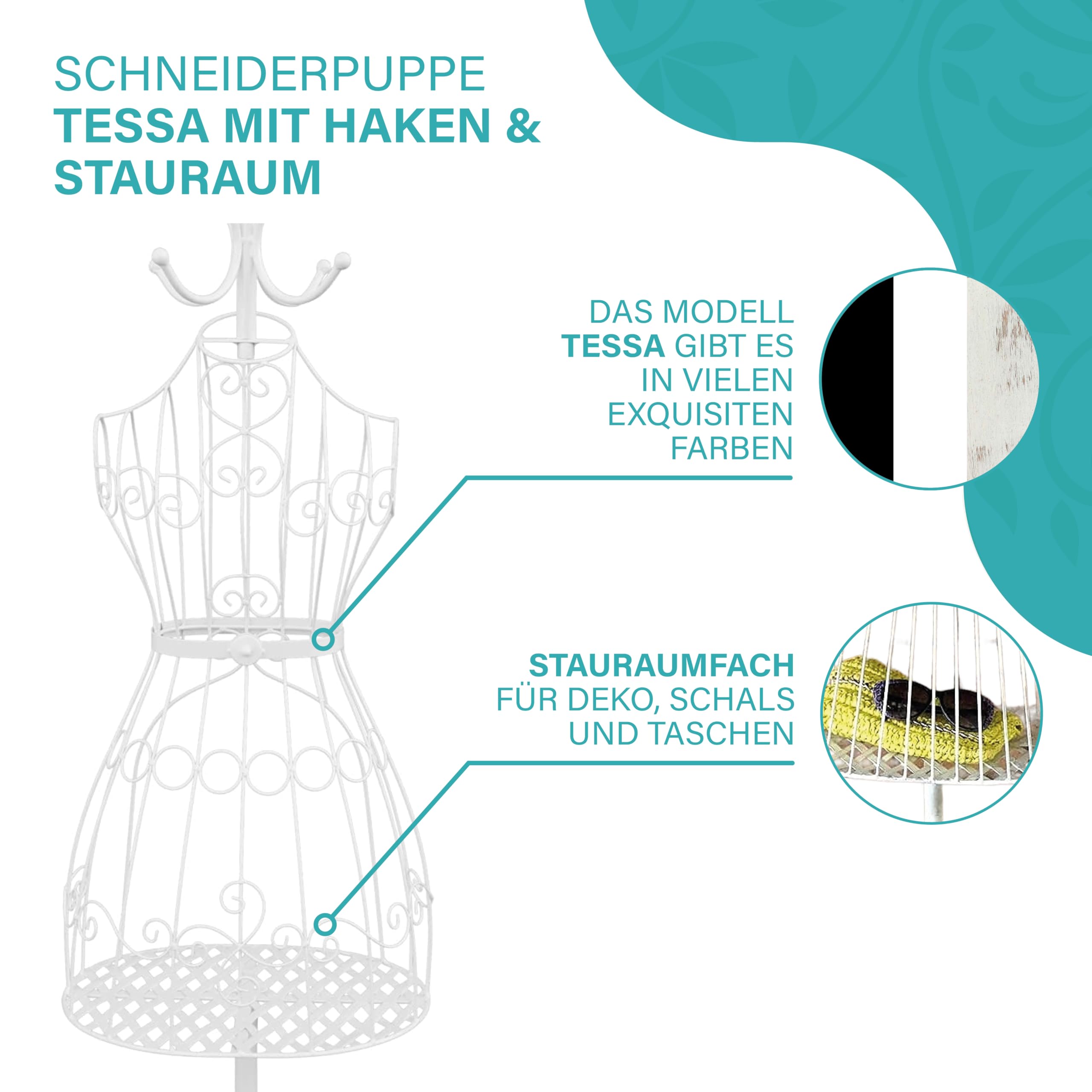 PrimoLiving Metall Schneiderpuppe Tessa in Weiß mit Garderobenhaken und Stauraum - Vintage Kleiderpuppe - ideal als weibliche Schaufensterpuppe oder Kleiderständer - P-09895