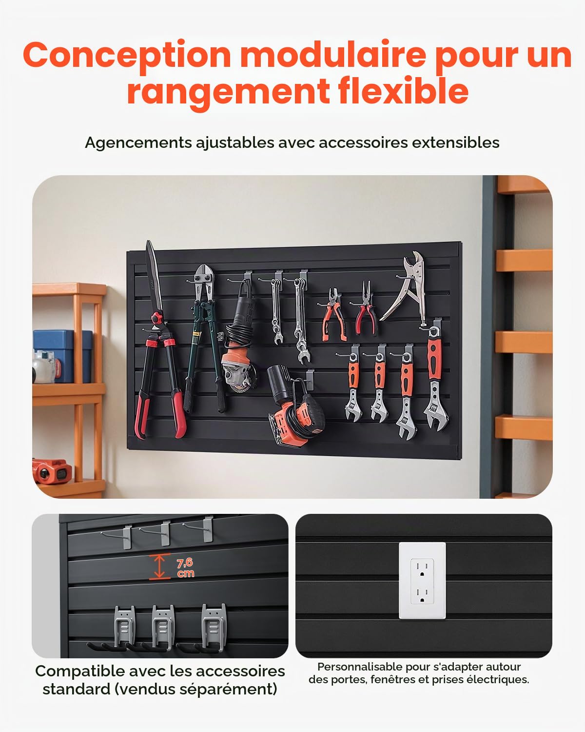 VEVOR Panneau à Lattes Mural Garage, 1225 x 645 mm, Panneau Rangement Outils en PVC avec Conception Modulaire, Porte-outils Muraux pour Affichage, Organisation, Stockage, Atelier, Artisanal, Noir