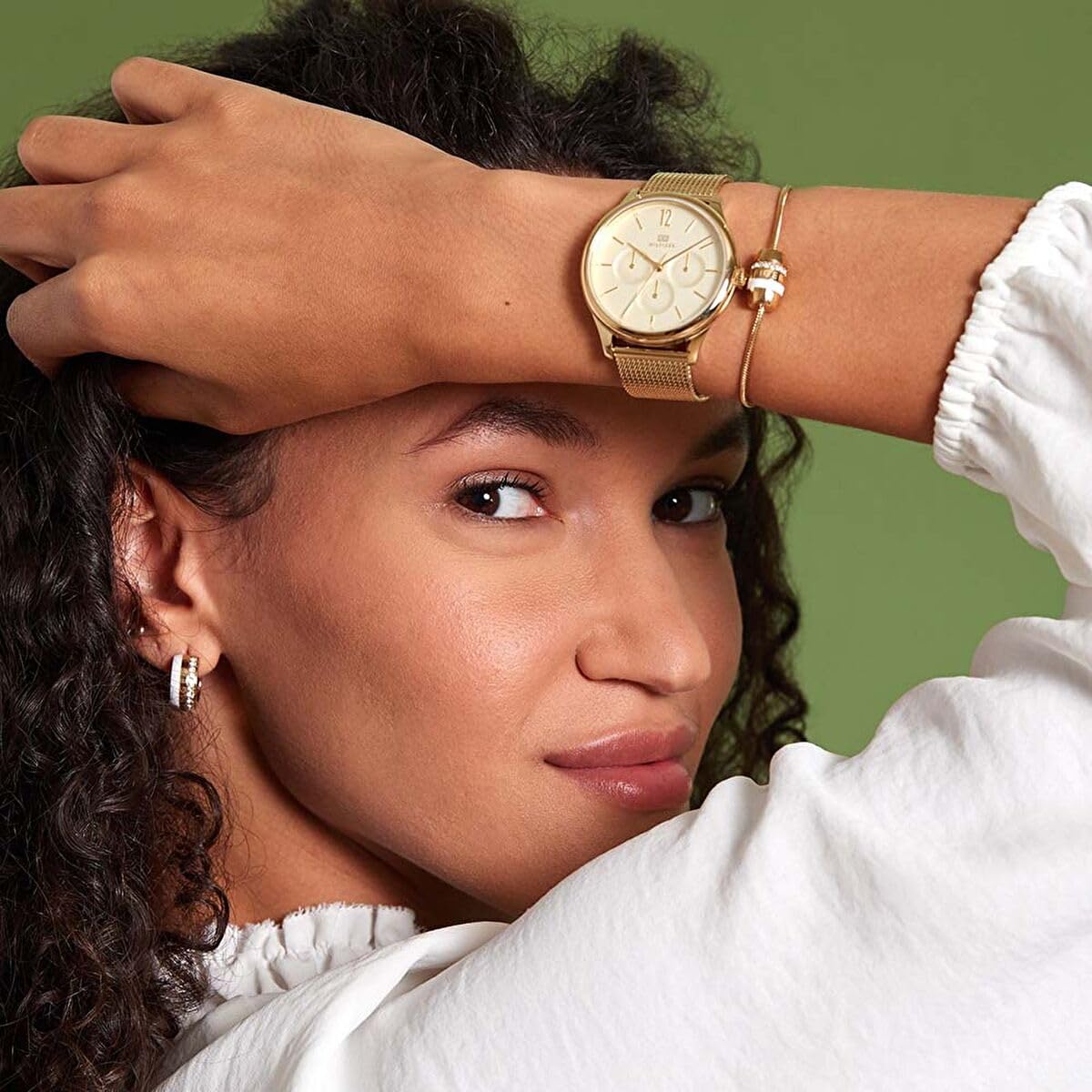Tommy Hilfiger Multi Zifferblatt Quarz Uhr für Damen mit Goldfarben Edelstahl-Mesh-Gliederarmband - 1782458