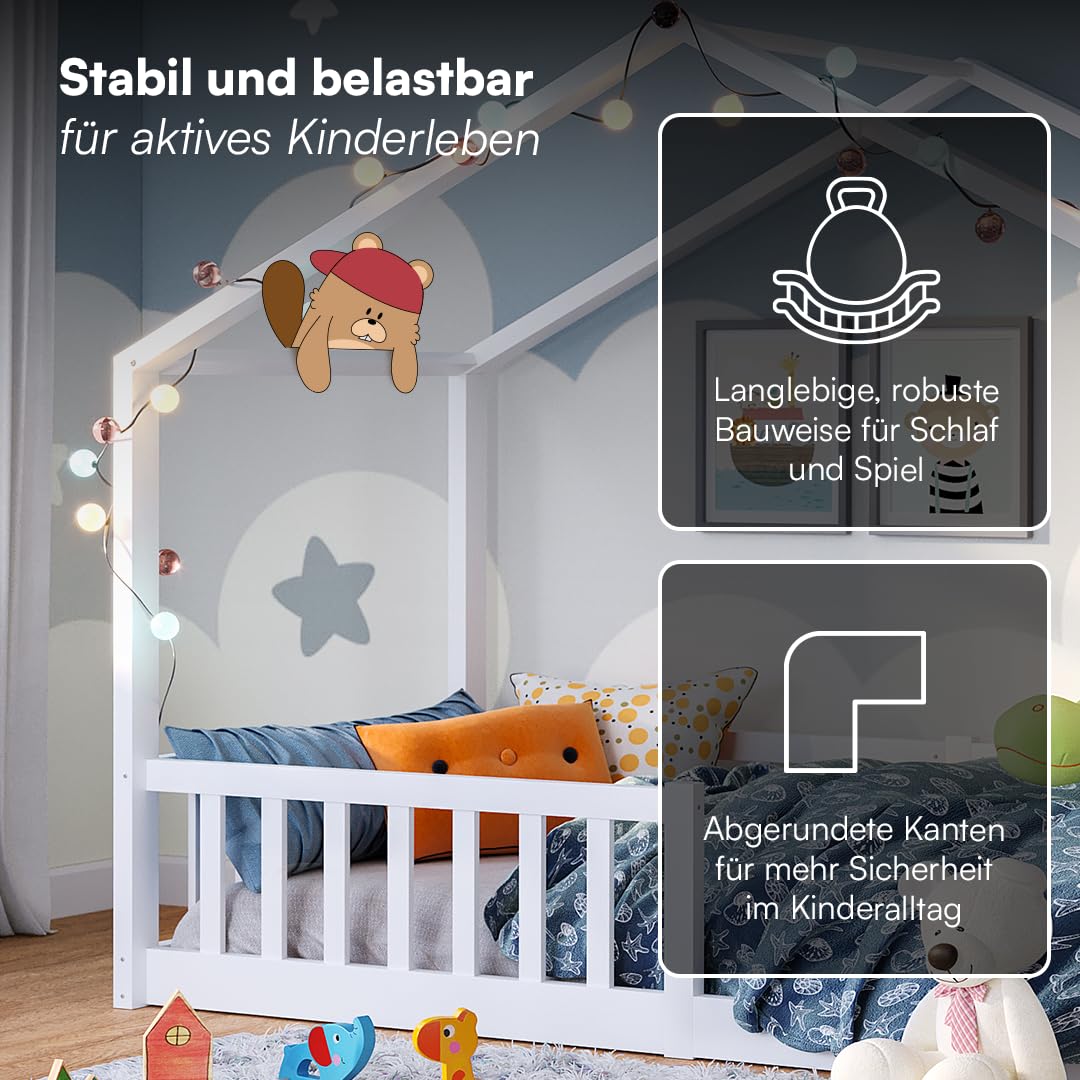 Bellabino Bia Kinderbett 90x200 cm – Bodenbett mit Rausfallschutz & Lattenrost – Hausbett aus Massivholz Kiefer – Montessori Kinder Bett in Weiß für Jungen und Mädchen