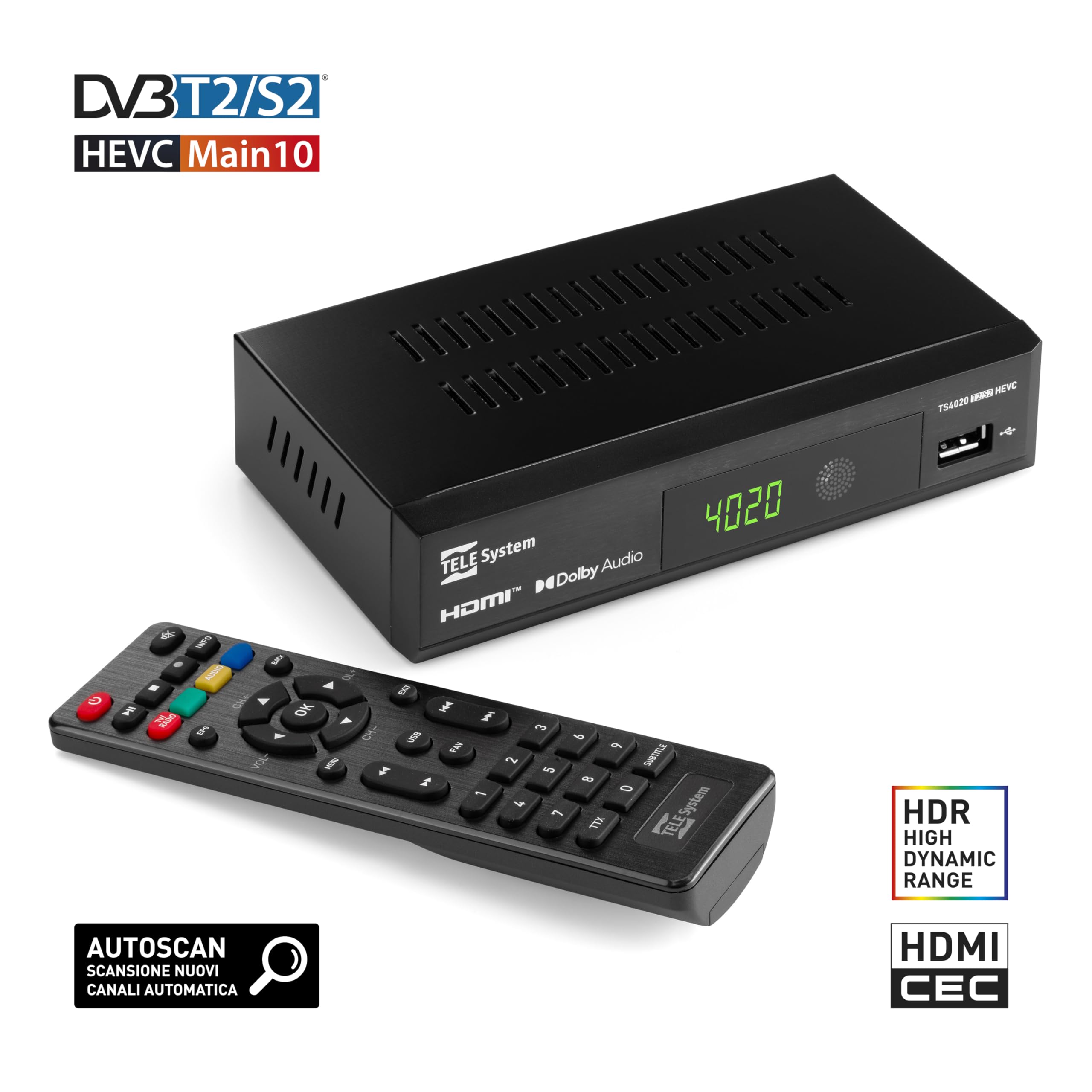 TELE System TS4020 T2S2HEVC COMBO Decodificador digital terrestre y por satélite DVB-T2/S2 HEVC HD HDR10 HLG con pantalla