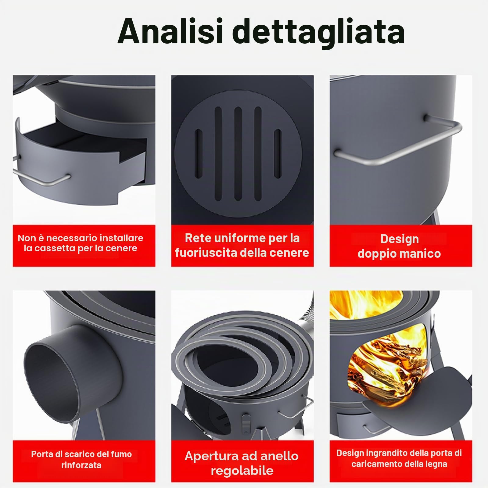 Stufa a legna con griglia - Staccabile, fornello da campeggio per legna da ardere per cucinare all'aperto - Grande stufa a razzo da campeggio con canna fumaria - Accessorio per barbecue da giardino