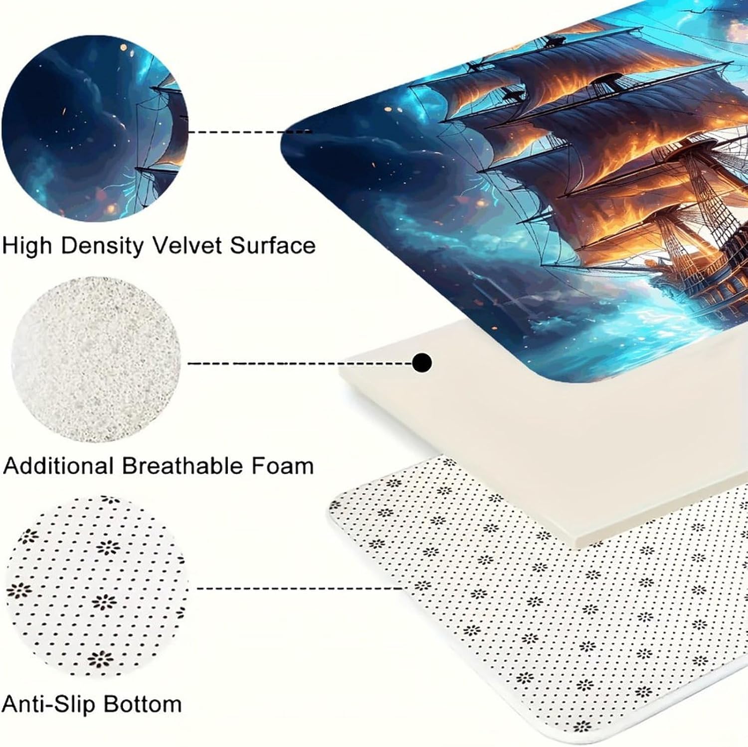 Starry Night Ancient Ship Kitchen Mats for Floor 3 Pcs Kitchen Rugs