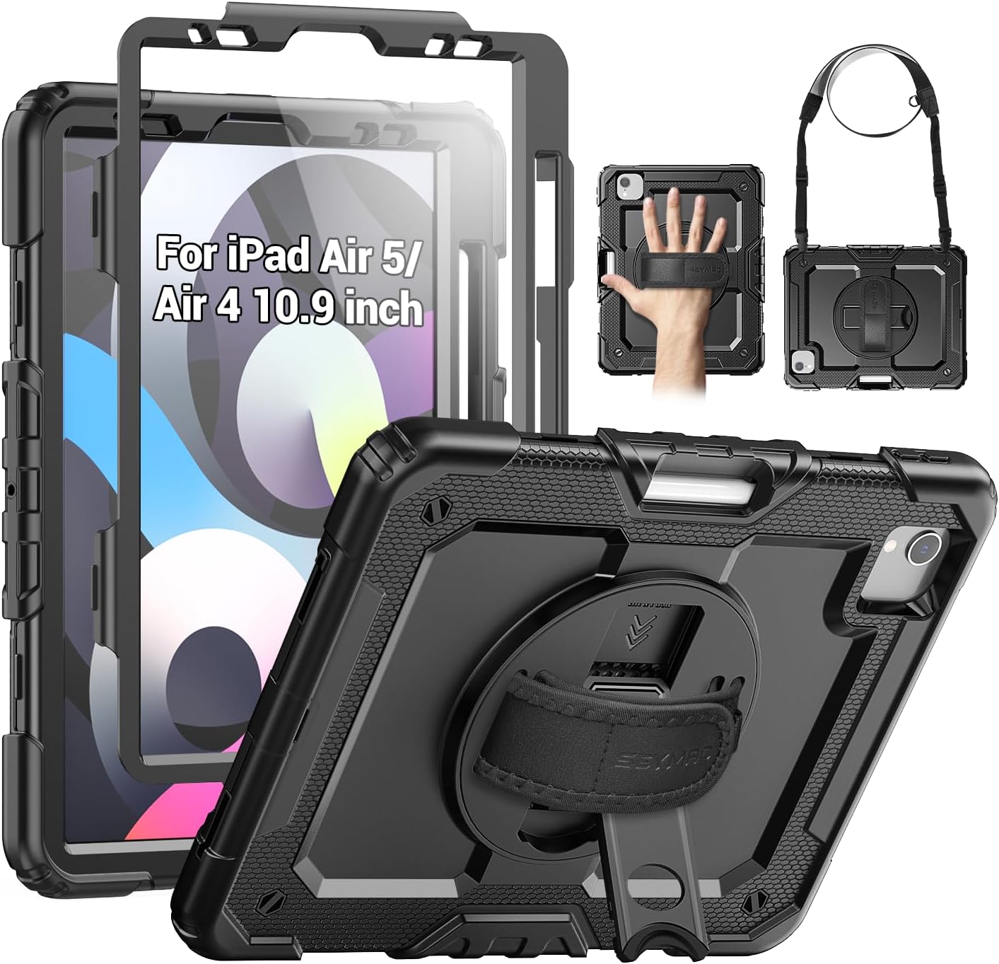 SEYMAC Case for iPad Air 5th/ 4th Generation 10.9 Inch, Full-Body Shockproof Protective Case with Screen Protector, Rotating Stand/Handle/Shoulder Strap/Pencil Holder for iPad Air 5/ Air 4, Black