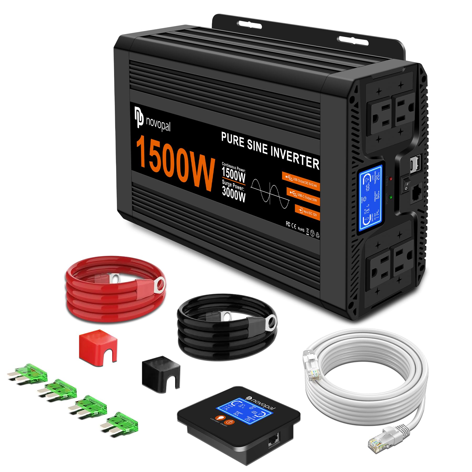 Novopal 1500 Watt Pure Sine Wave Inverter DC 12V to 110V 120V AC for Home, RV, Truck, Off-Grid Power Inverters with Built-in USB/Type-C,4 AC Outlets,Remote Control and Dual LCD Display (Upgrade)