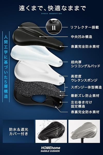 メディア出演多数 自動車専門家監修 サドルカバー サドルクッション 完全防水 超肉厚 衝撃吸収 ズレ防止構造 防水カバー付 遮光カバー付 リフレクター搭載 ロードバイク クロスバイク - 2