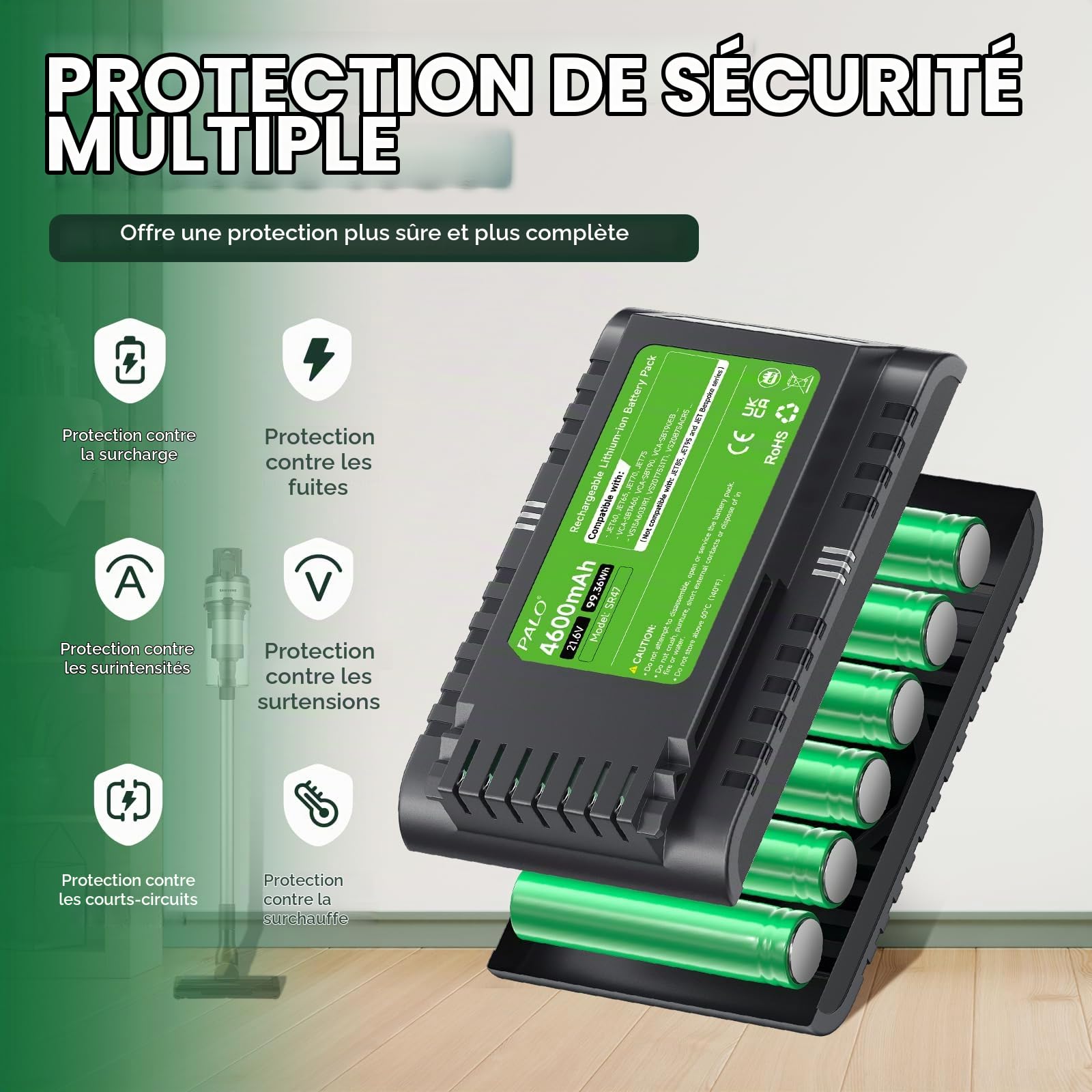 Batterie 4,6 Ah VCA-SBTA60 pour aspirateur sans fil Samsung JET60, JET65, JET70, JET75, JET90 Samsung modèle VCA-SBTA60 VCA-SBT90 VCA-SBT90EB