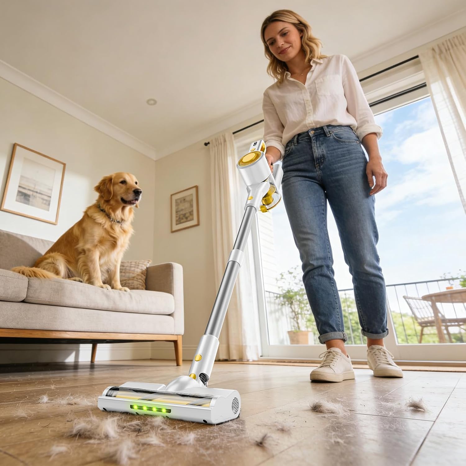 Cordless Vacuum Cleaner for Home, Powerful Stick Vacuum with Rechargeable Battery, Green Light Anti-Tangle Brush, 6-in-1 Lightweight Handheld Vacuum for Pet Hair, Hard Floor, Carpet, Yellow - Image 9