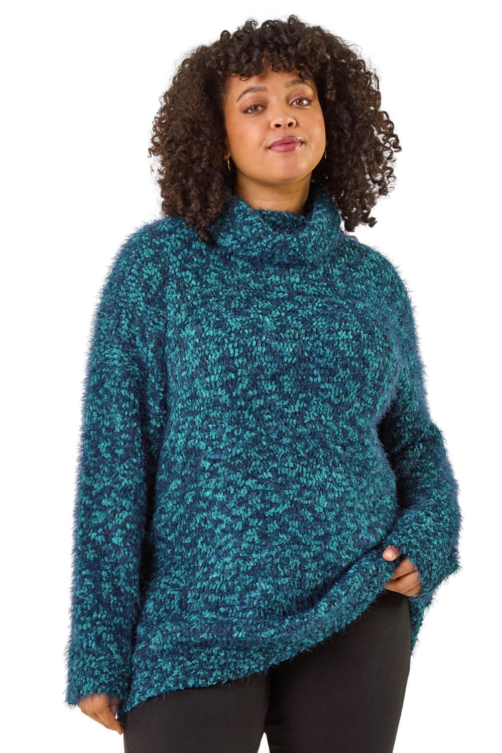 Roman Curve Women's Teal Fluffy Roll Neck Knit Jumper Size 22-24
