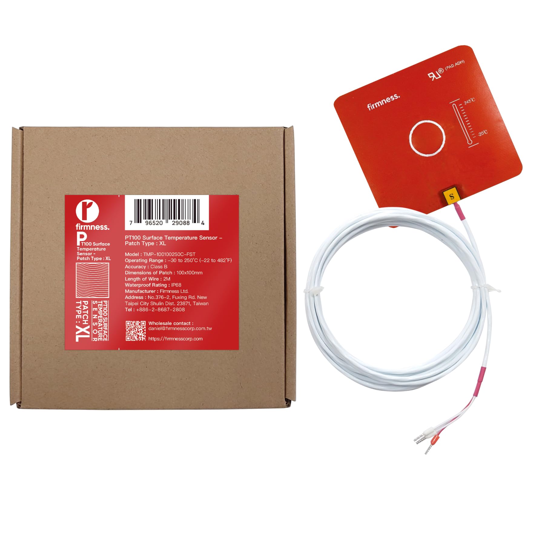 Sonda de sensor de temperatura de superficie PT100, impermeable y resistente al óxido, -30.0 °C a 250.0 °C, detección de temperatura con cable de 78.7 pulgadas, tamaño XL (100 x 100 mm), 1