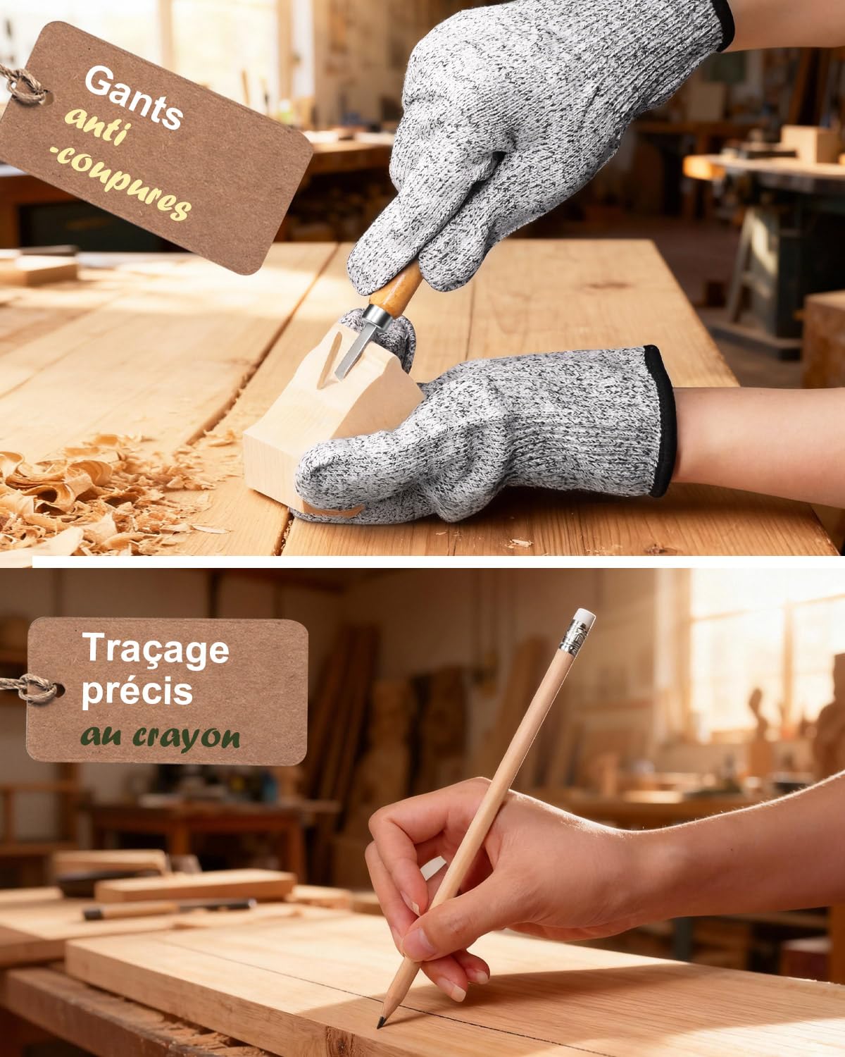 MAIKEHIGH Kit d'outils de sculpture sur bois 16Pcs,Ciseaux à Bois pour bricoleur Sculpture Experts en charpentier et débutants avec Gants Anti-coupures