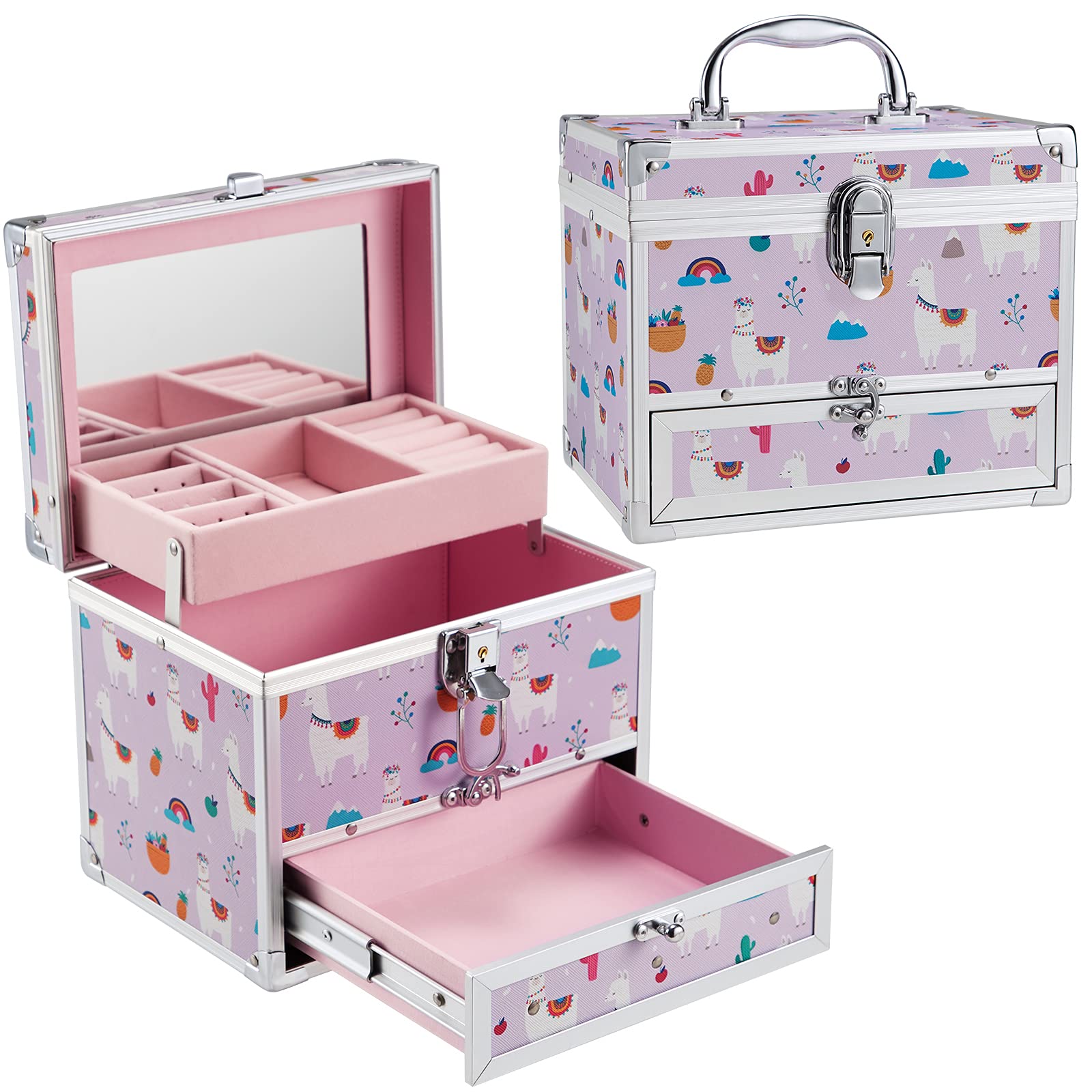 HododouMakeup Box Organizer with Jewelry Tray Portable Travel Lockable Cosmetic Train Case with Keys and Mirror Carrying Make-up Storage Box with Drawer - Alpaca