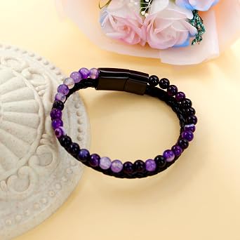 Custom Multi-layer Medical ID Bracelet for Men & Women, Stylish 6mm Stone Beads & Black PU Leather Chain Engraved Tag Gift for Parents or Partner, 21cm