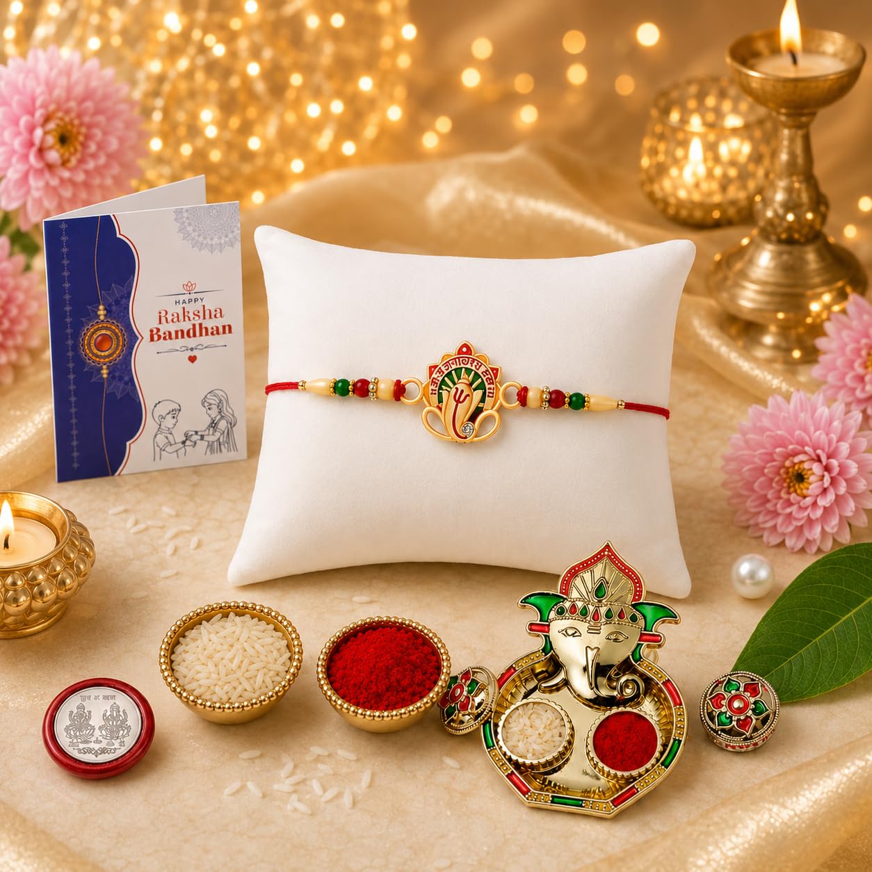 Oblivion Rakhi Set for Brother – Designer Ganesh Rakhi for Brother with Ganesh Ji Pooja Thali, Pooja Coin, Roli Chawal & Card | Gift Hamper for Raksha Bandhan