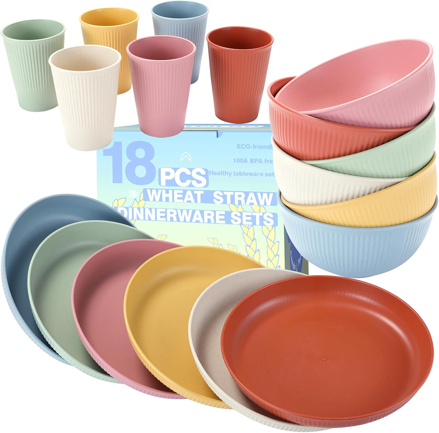 18PCS Wheat Straw Dinnerware Sets Unbreakable Reusable Dinnerware Set for 6, Microwave Dishwasher Safe Dinnerware for Outdoor Camping Dishes