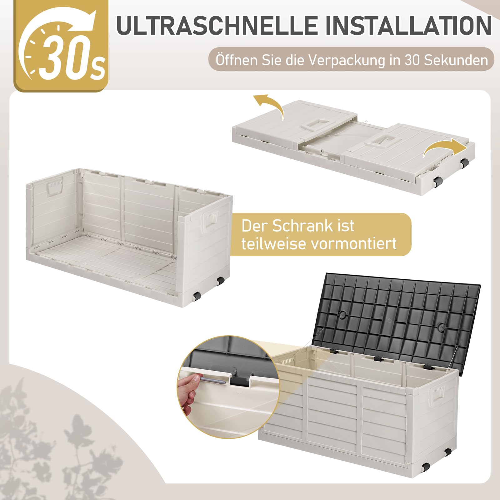 Faltbarer Gartenbox, 284L Fassungsvermögen mit Griffen und Rädern - Wasserfest und UV-beständig, Auflagenbox geeignet für Terrassen, Balkone, Wohnzimmer und Wintergärten, Schwarzweiß