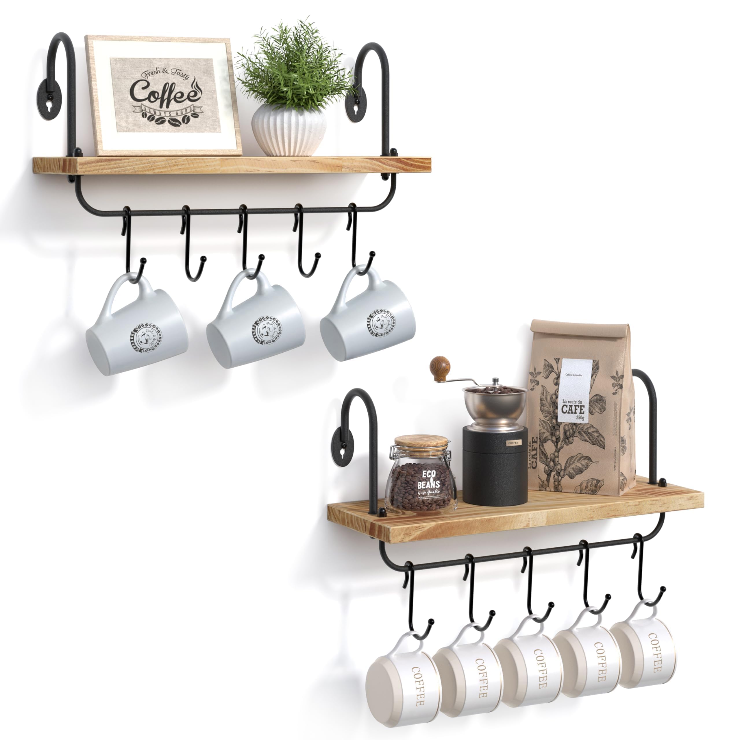 Wandplanken İn İndustrieel Design, Gemaakt Van Metaal, Belastbaar Tot 15 Kg Per Plank Set Van 2 Keukenplanken Met 10 Haken Voor Slaapkamer En Woonkamer Zwart Lfs02bk