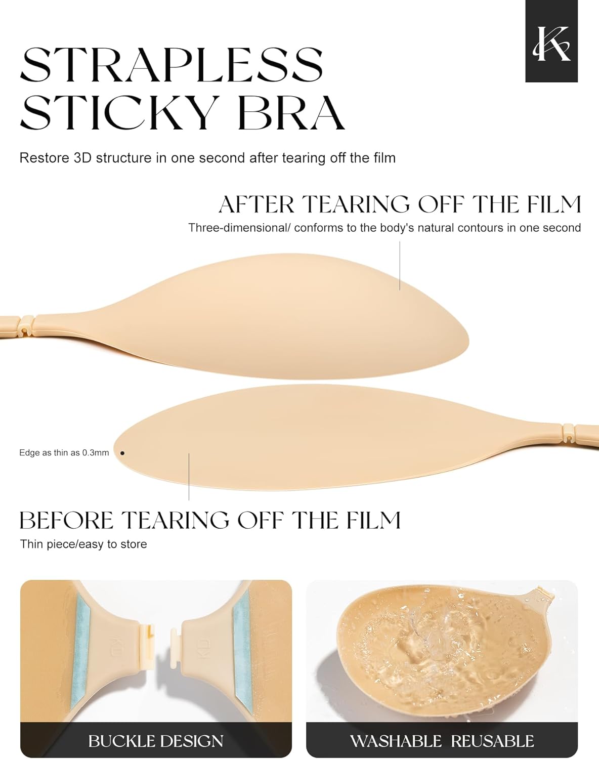 Adhesive Sticky Strapless Bra for Women, Push up Invisible Bras for Backless Dress Reusable Breathable for Breast Lift with Nipple Covers Beige - Image 3