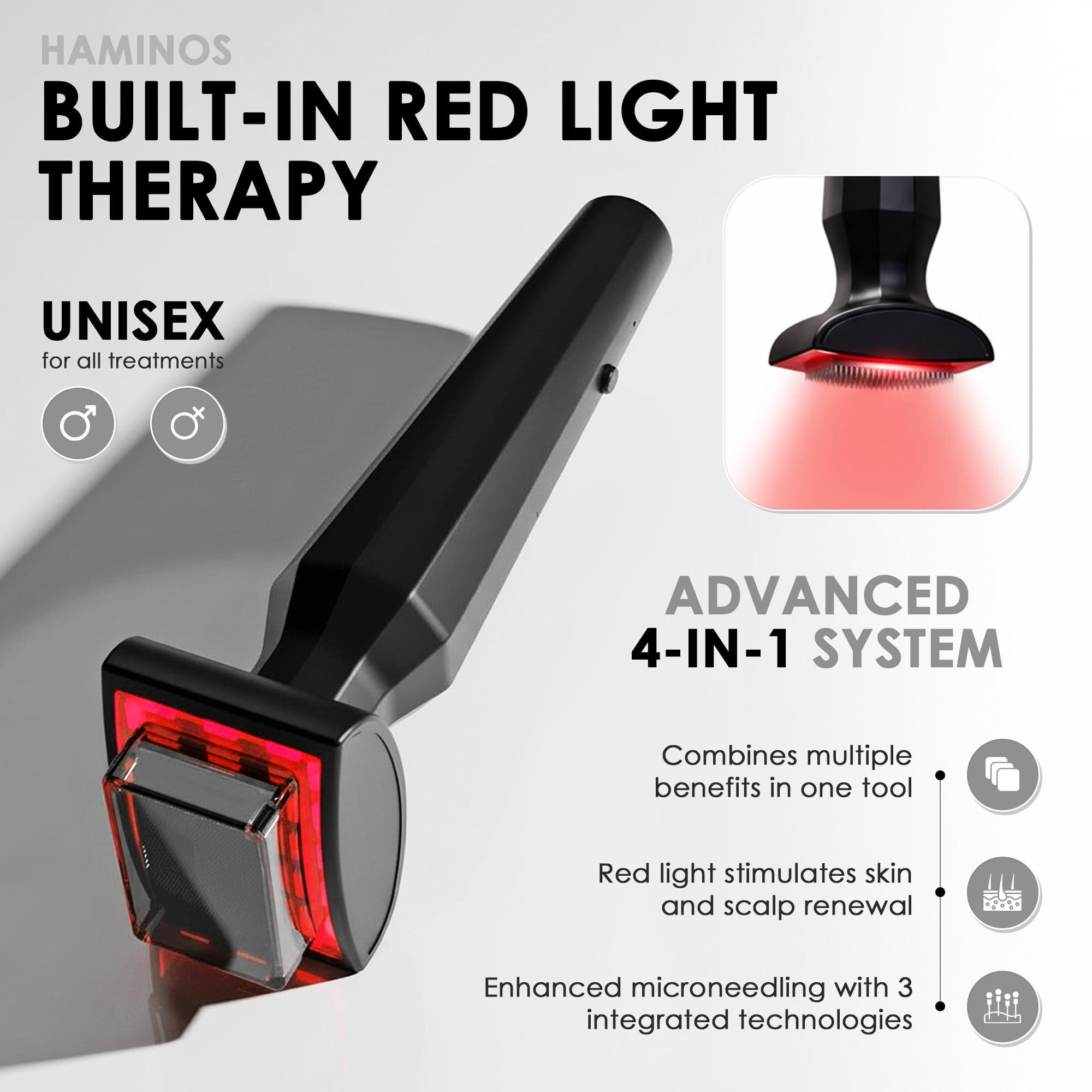 HAMINOS Derma Stamp 0.25 mm Red Light, Microcurrent, Vibration for Scalp & Skin, 4-in-1 Microneedling Stamp with 2 Needle Heads, USB-C Rechargeable