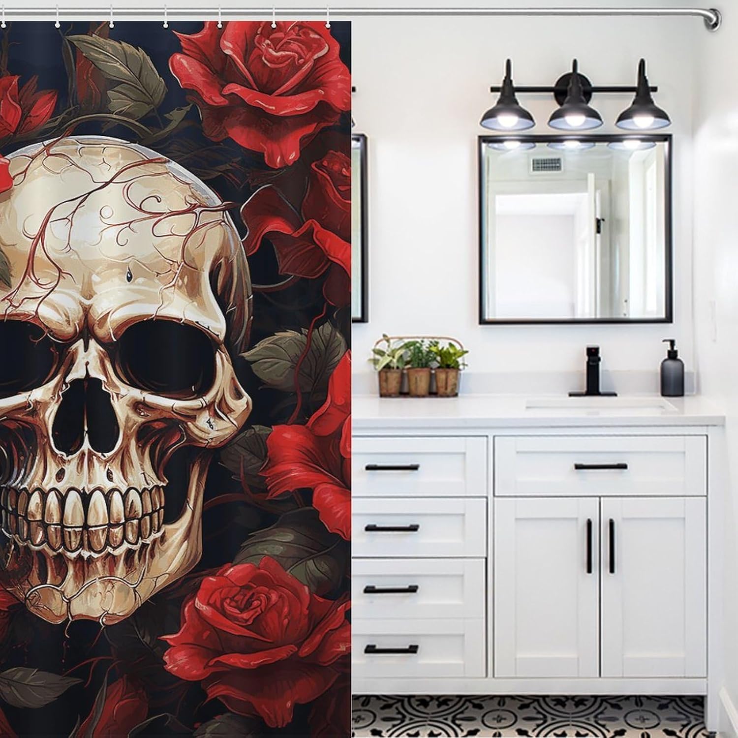 Skull Rose-Red Shower Curtain Bathroom Curtain Shower Curtain Liner Bathroom Shower Curtain Sets Waterproof Shower Curtains Curtain for Showers Bath Curtain with Hooks 55x72Inch（140x183cm）