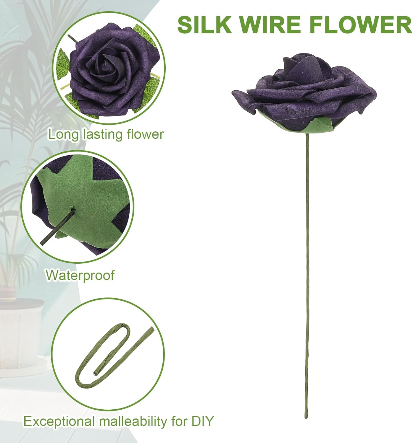 uxcell 50Pcs Fake Roses with Stems, 3.15 Inch Foam Roses Artificial Flowers for DIY Craft Wedding Bouquets and Party Decoration(Dark Purple)