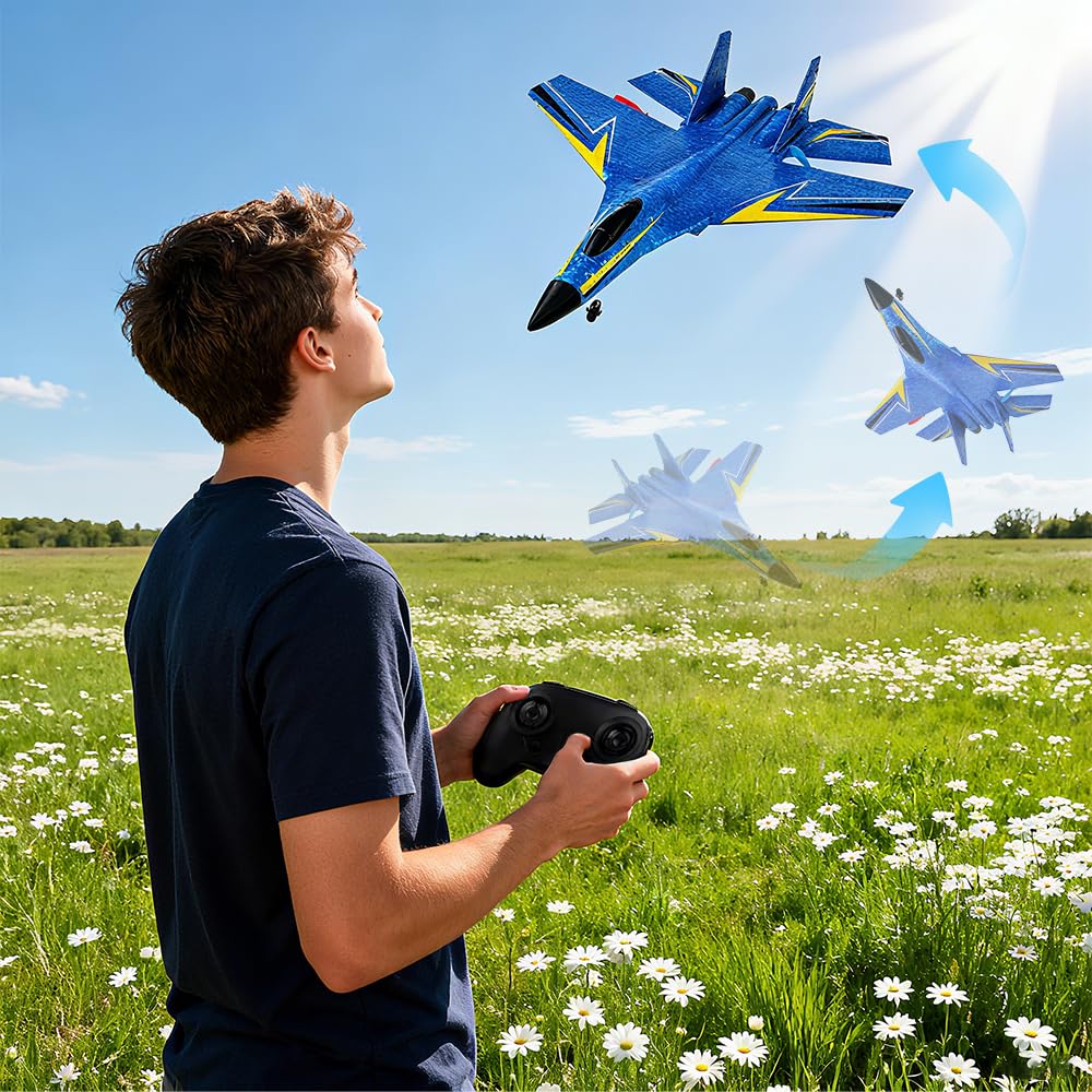 RC Flugzeug, 2.4Ghz Flugzeug Ferngesteuert, Ferngesteuertes Flugzeuge, LED Beleuchtung, 2 Startmodi & USB-Aufladung, für Erwachsene (Himmelblau)