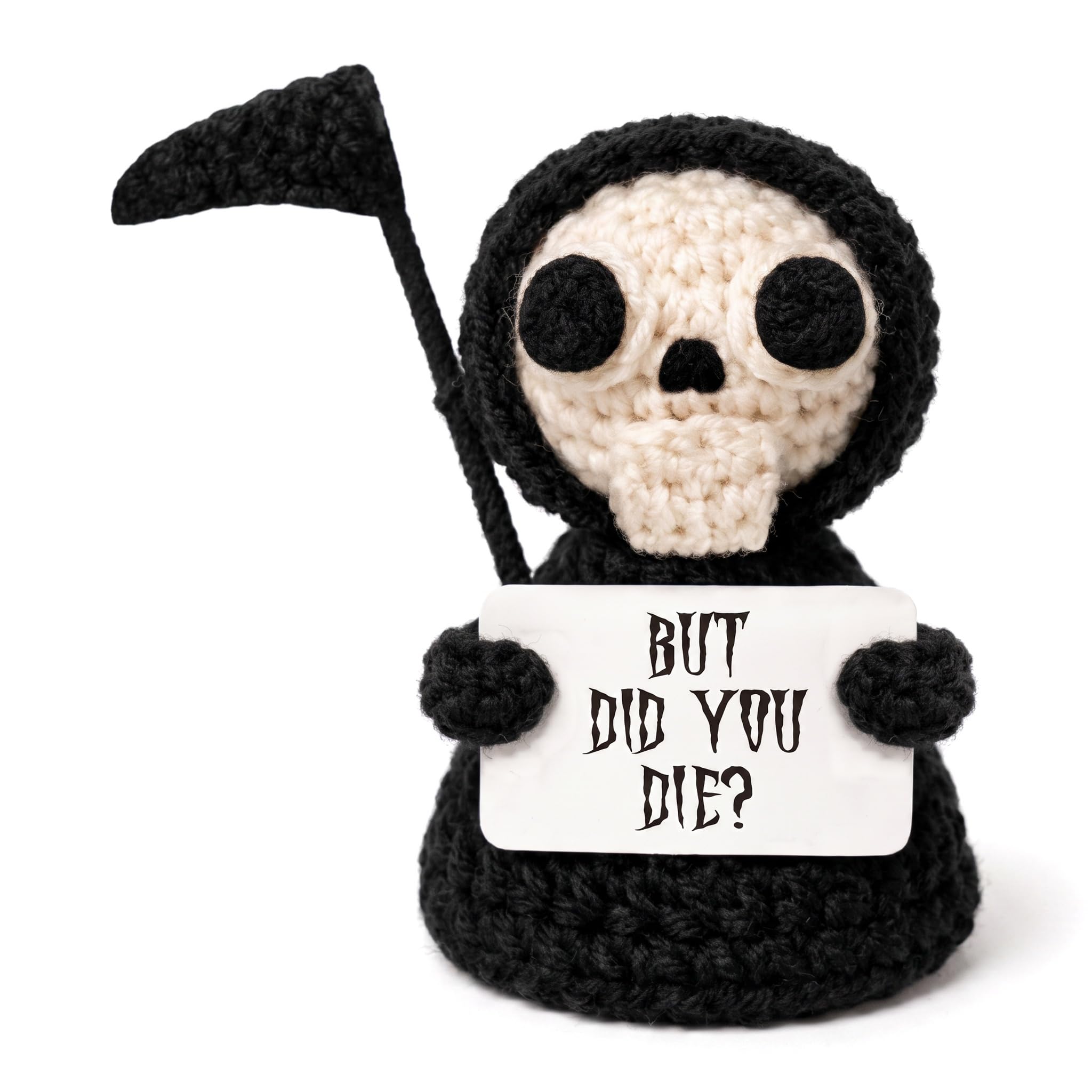 Mtbricey Handmade Emotional Support Crochet Plush Dolls with Card Funny Gothic Grim Reaper Crochet Plush Spooky Cute Halloween Decor Dark Humor Gag Gift for Coworker Friend White Elephant (Style A)