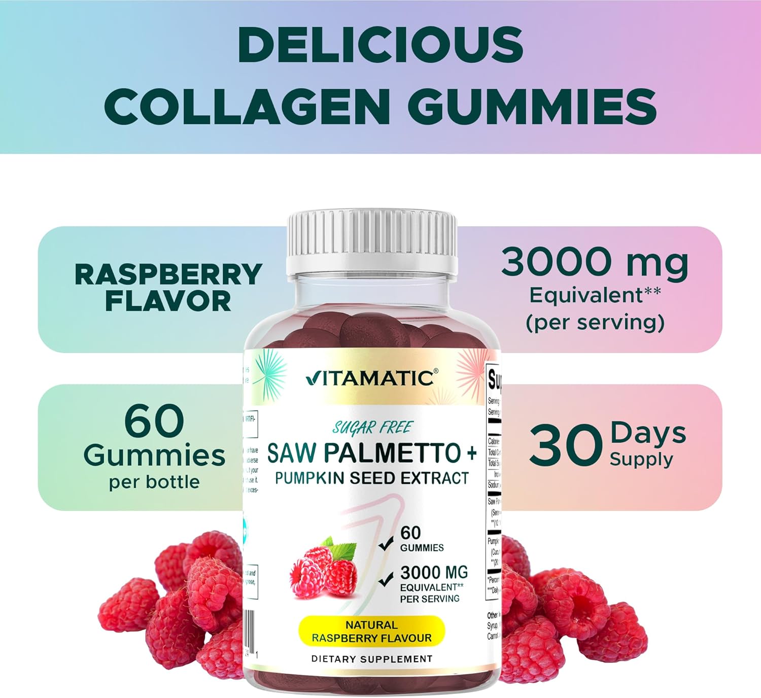 Vitamatic Sugar-Free Saw Palmetto with Pumpkin Seed – 3000 mg Equivalent per Serving – Natural Raspberry Flavor – 60 Gummies - Image 4