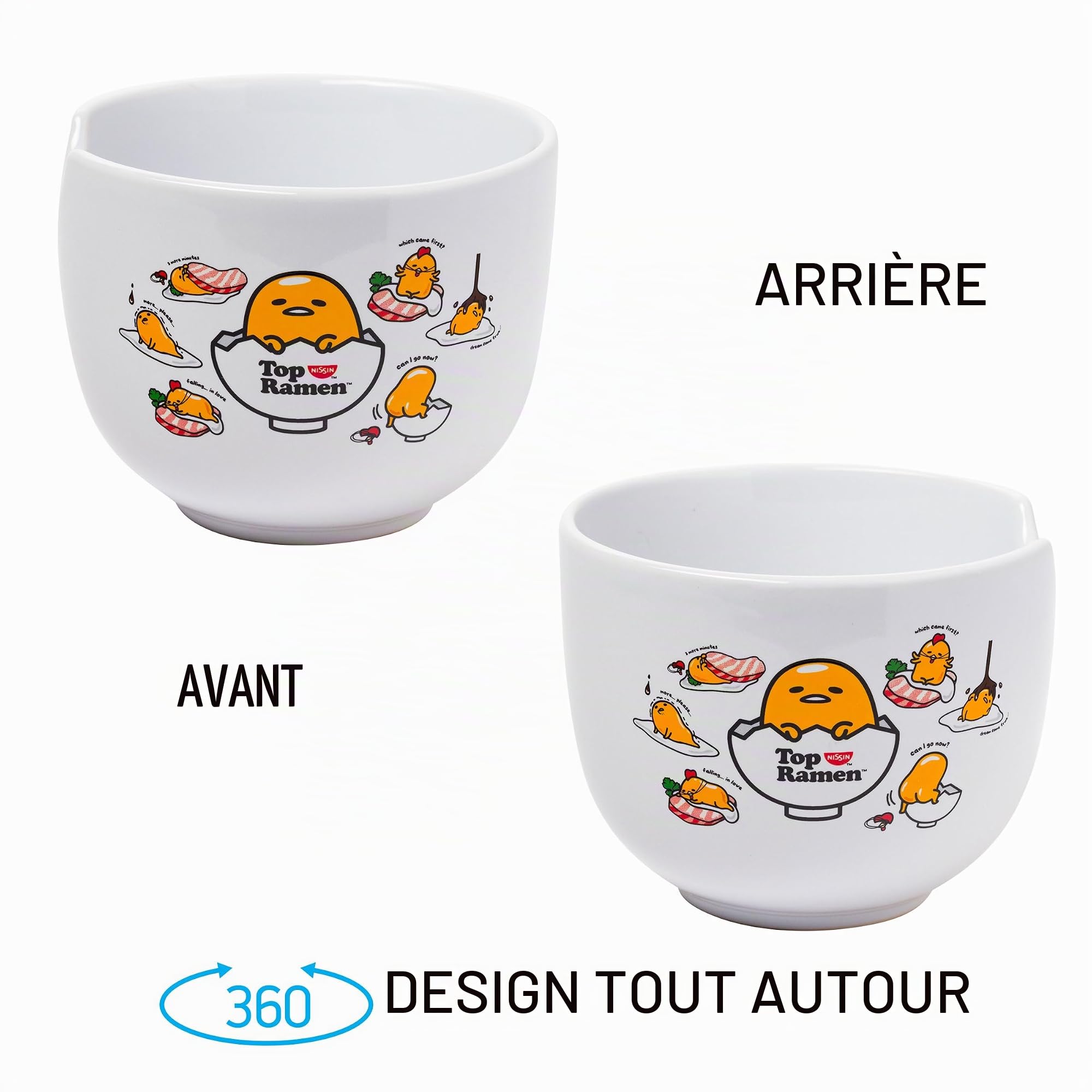 Silver Buffalo Sanrio Gudetama Lazy Egg Poses Top Ramen Nissin Bol à riz en céramique avec baguettes Passe au micro-ondes 590 ml