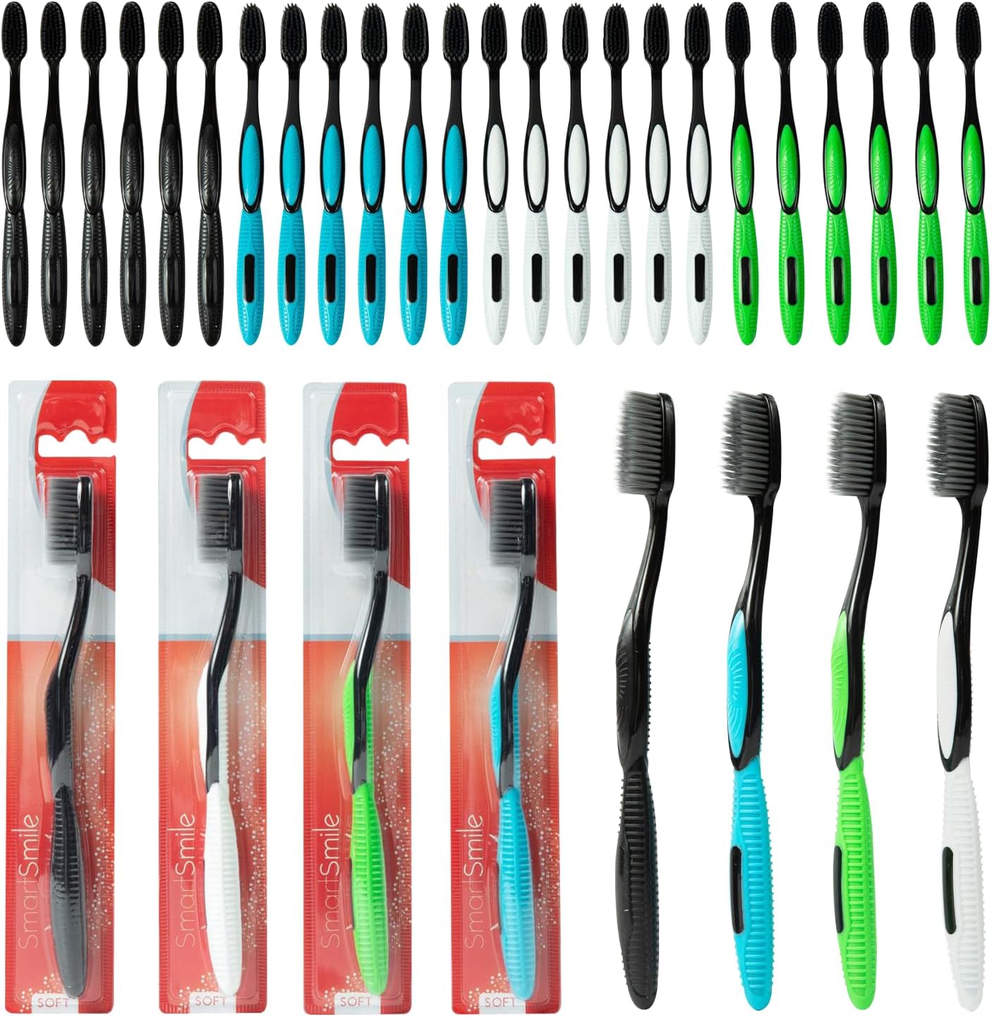 SmartSmile 72 Pcs Bulk Adult Toothbrushes Individually Packaged - Assorted Colors - Soft Charcoal Tapered Bristles - Popular Dental Office Patient, Travel, Donations, Hotels, Airbnb - #21-549
