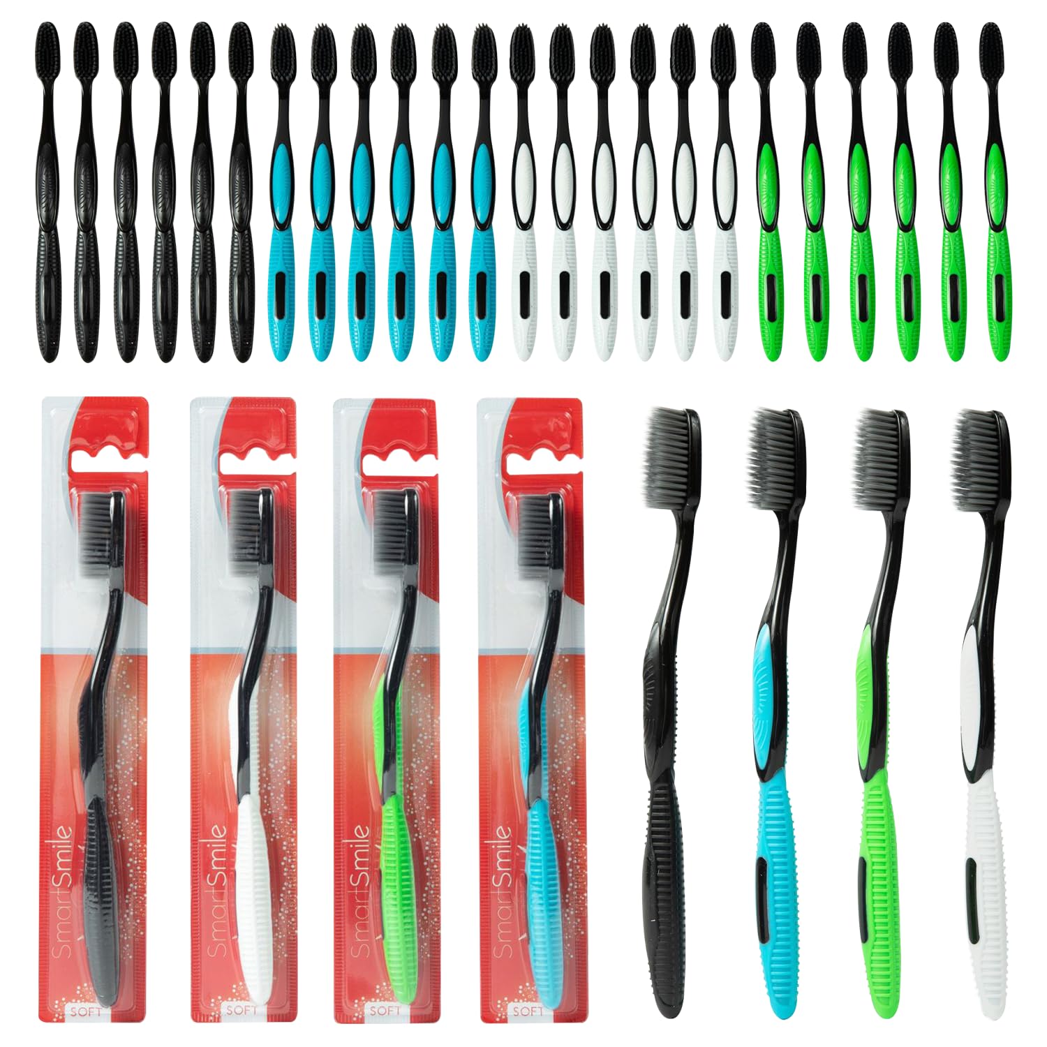 SmartSmile Spazzolini da denti per adulti con setole morbide al carbone, 72 pezzi, colori assortiti #21-549