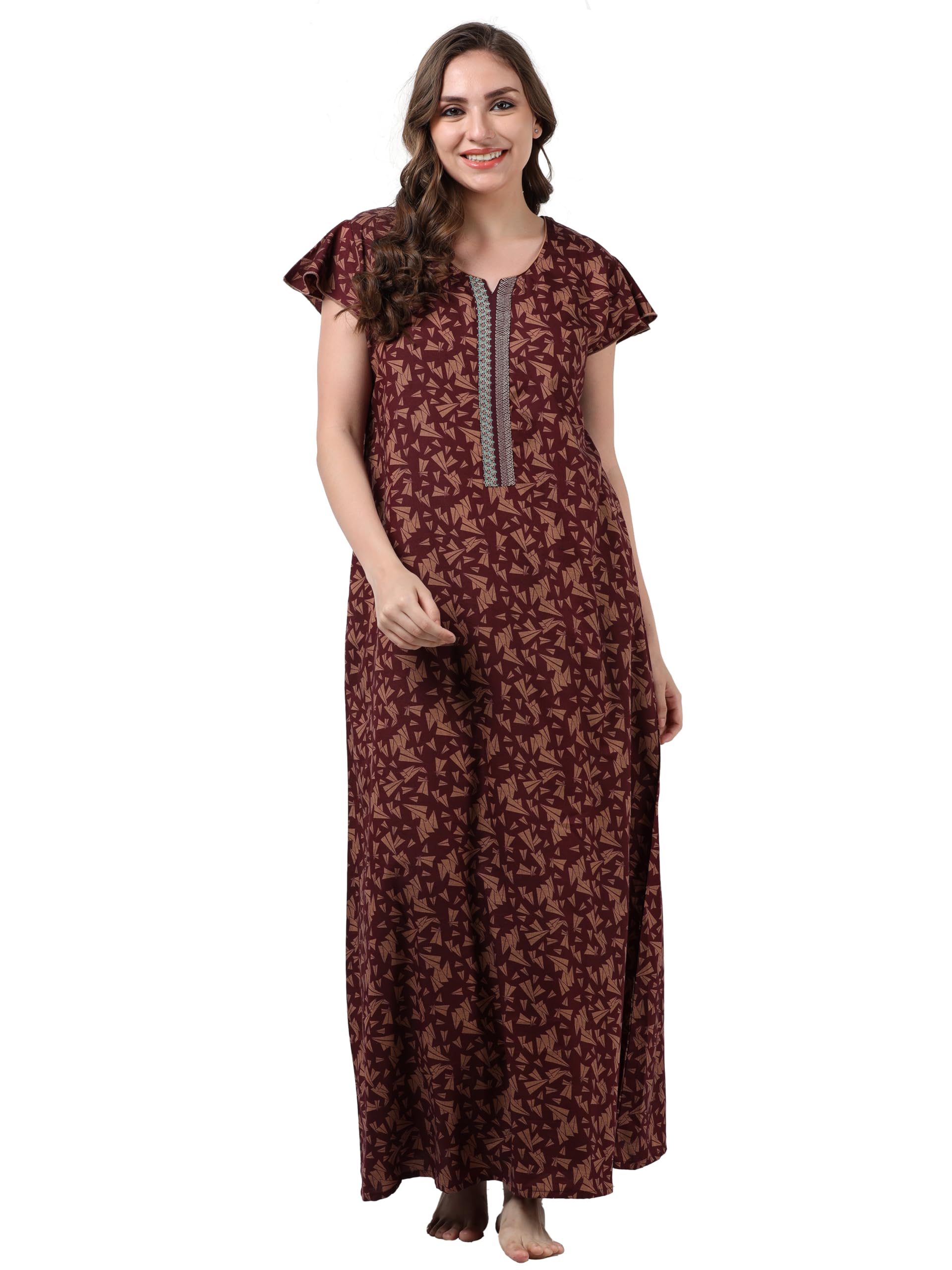 9shines Label Poly Viscose Maxi Designer Nighty |Lightweight Nightdress | Pocket On The right side (4302)